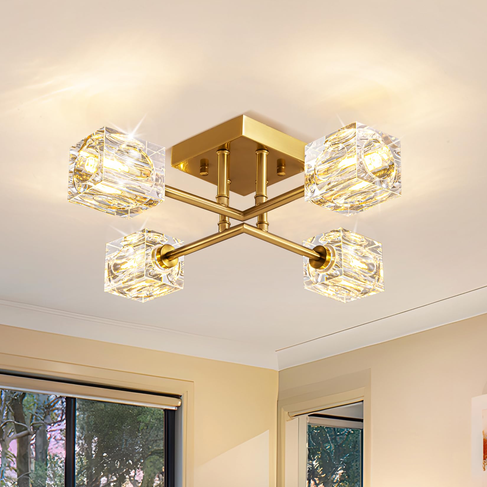 JUJUQI Modern Gold 4-Light Crystal Ceiling Light,Semi Flush Mount Sputnik Chandelier with Rectangular K9 Crystals for Hallway Bedroom Corridor â image 1
