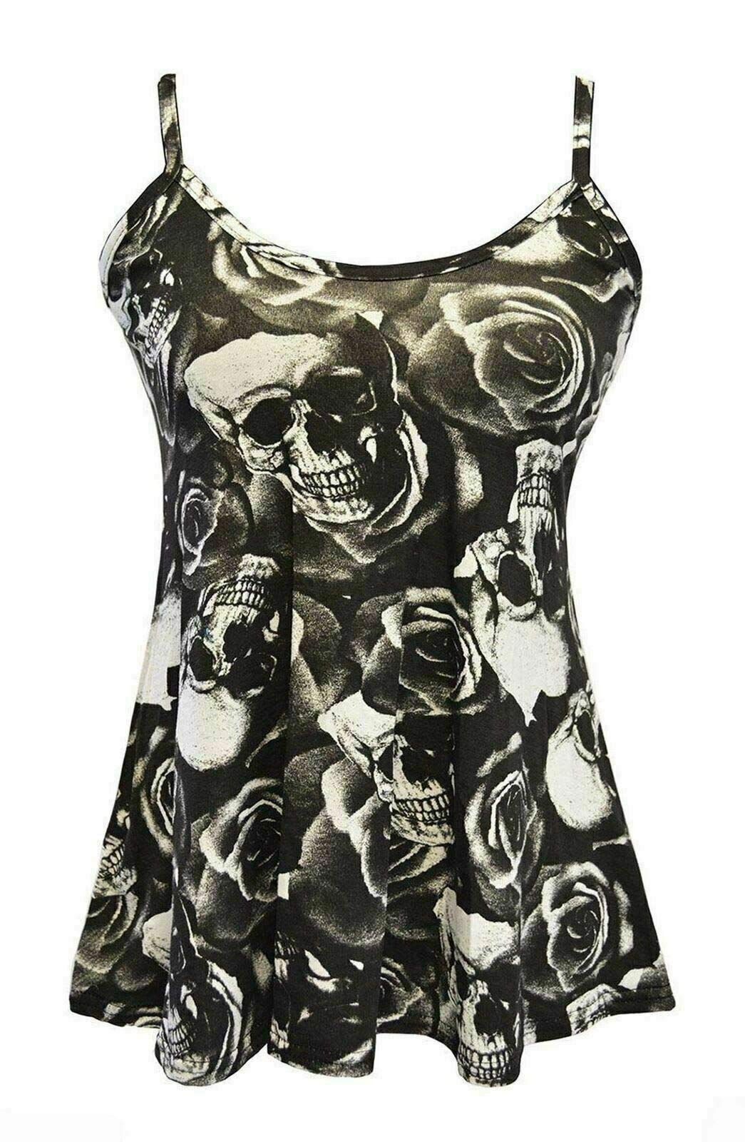Stylewear Women's Skull Rose Plus Size Plain Printed Cami Swing Vest Top Strappy Sleeveless Flared Tops ( Uk 24-26)