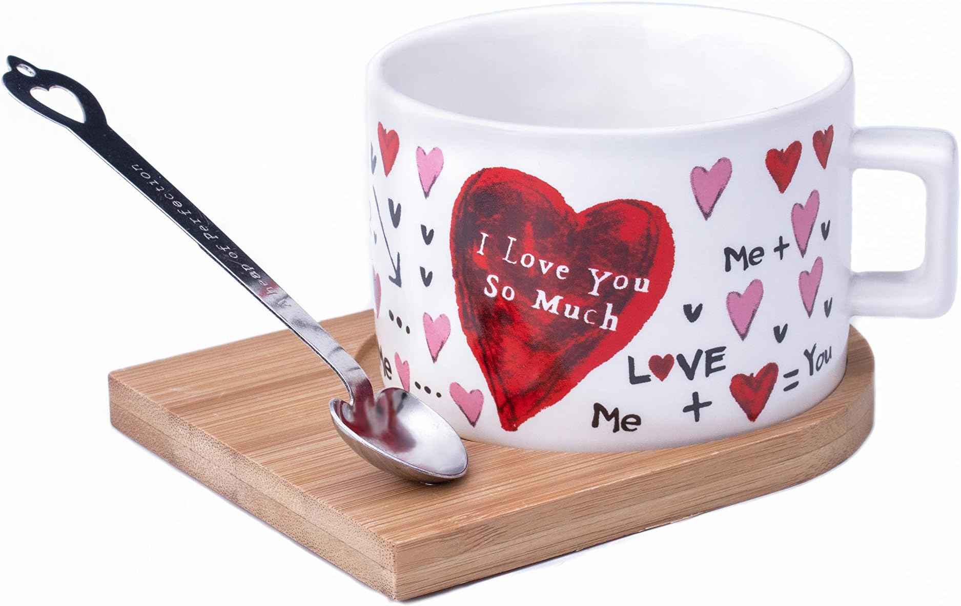 Ceramic Small Coffee Mug, 6OZ Cute Mug with Spoon and Coster, Hidden Magnet for Holding Spoon, Perfect Gift,for Friends, Family, Valentine's Day and children.