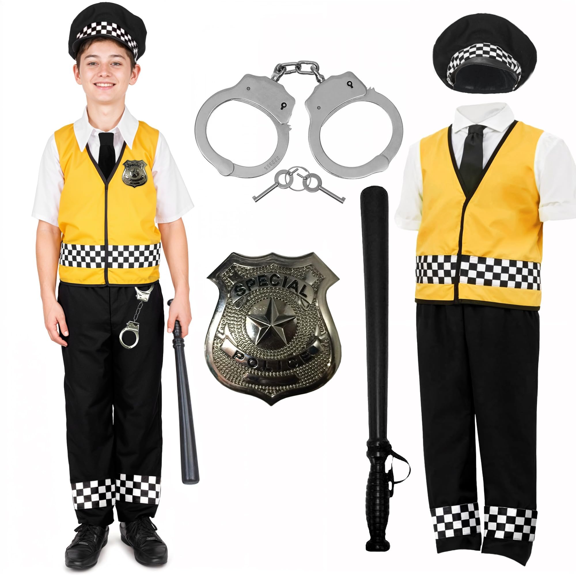Children's Police Costume for Kids - Girls Boys Policeman Dress up Fancy Dress Officer Role Play Set Include Top, Trouser, Badge, Cuffs, Truncheon & Hat UK, 3-4 Years