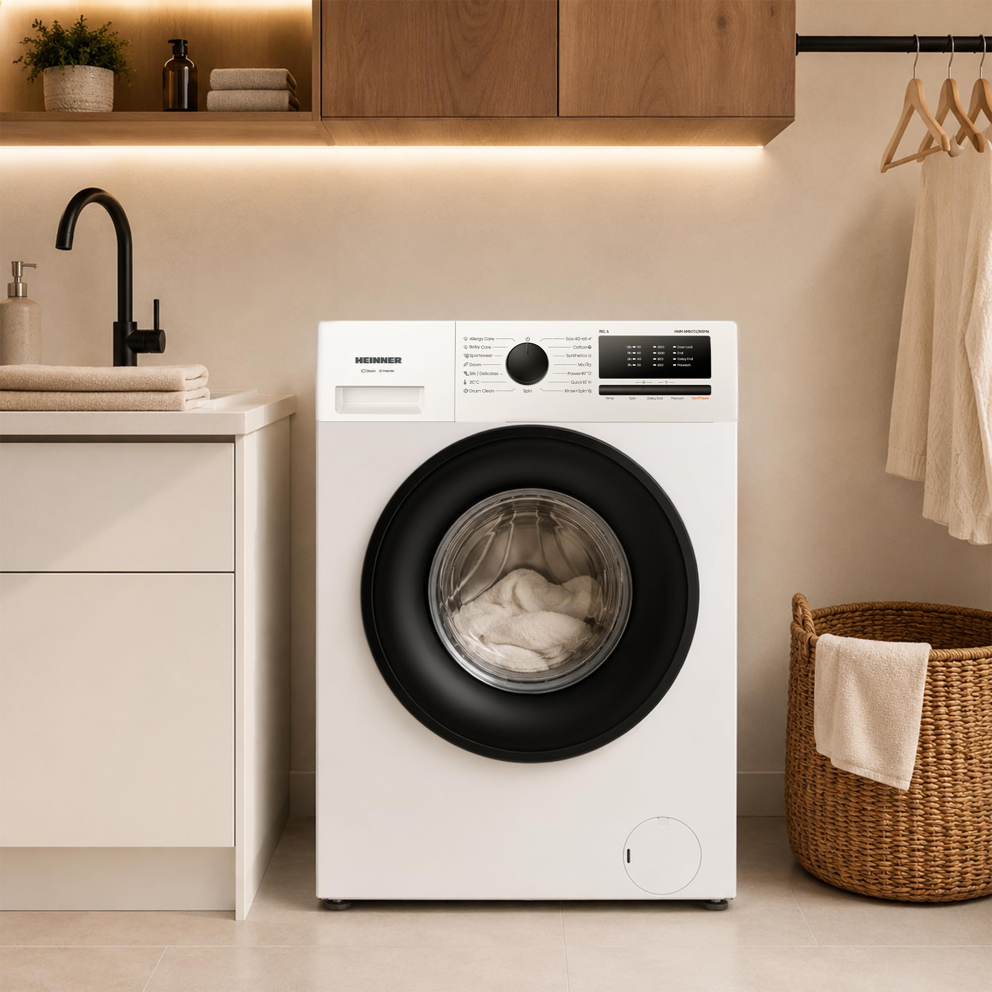 Waschmaschine 7 kg Slim Frontlader nur 38,5 cm tief, 1200 U/min, Inverter Motor, 15 Programme inkl. Steam Care, Energieklasse A, Quick 15', Kindersicherung, Weiß, HWM-HMN7012IVSMA