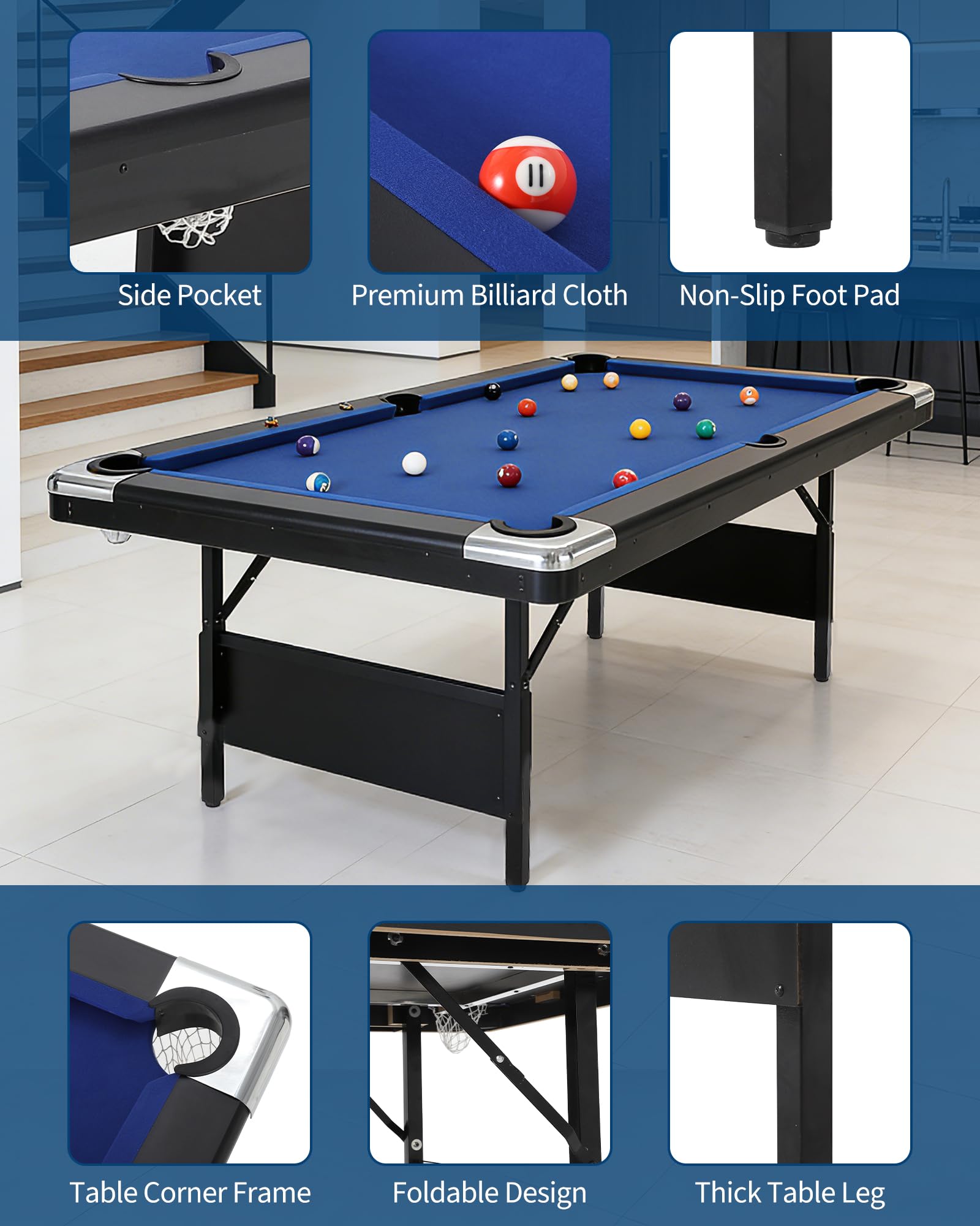 Garvee 6 FT Pool Table for Home, Compact Billiard Table Set with Cues, Balls, Triangle, Brush and Chalk, Folding Pool Tables for Family Game Room — view 2