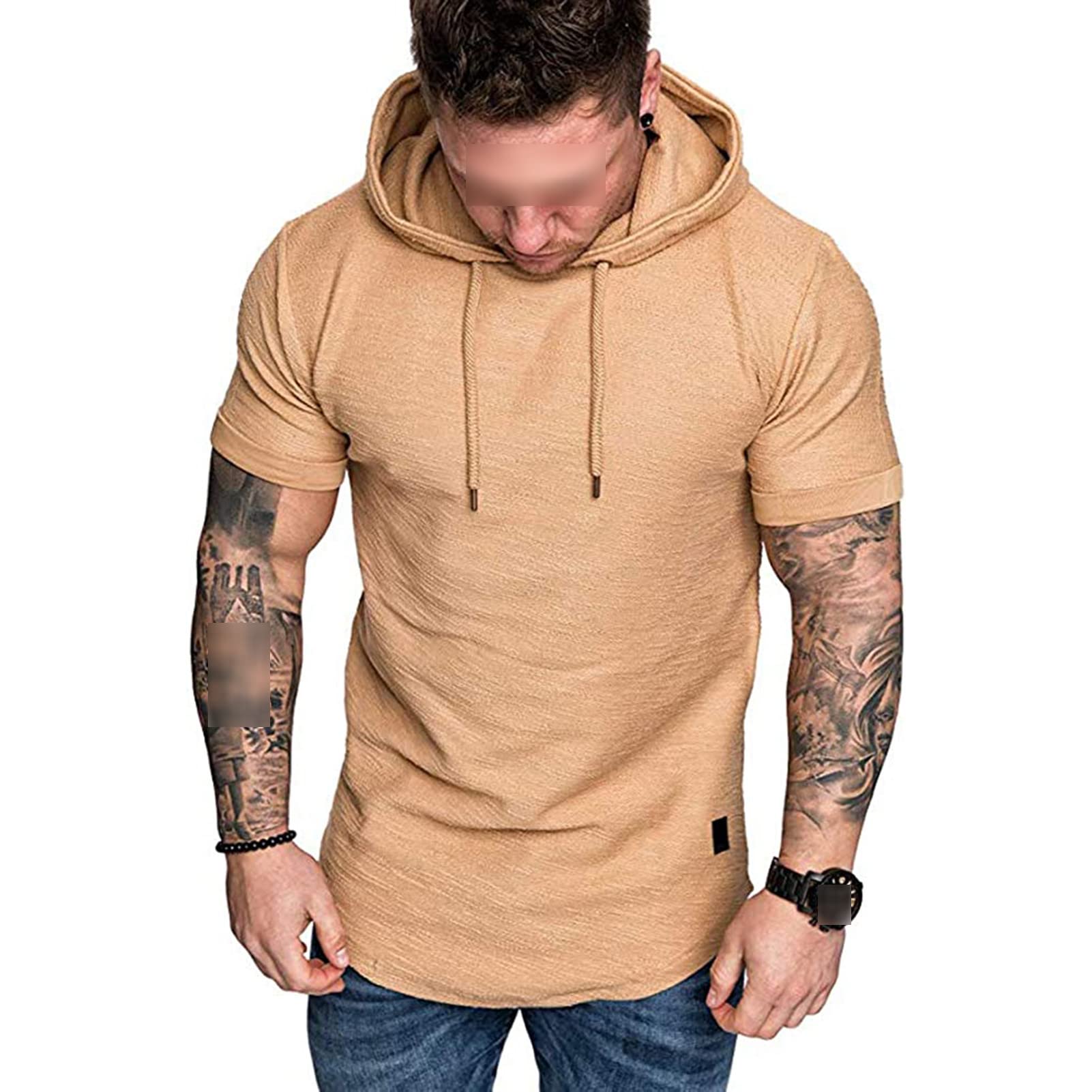 Maiyifu-GJ Men's Short Sleeve Athletic Hoodie Lightweight Workout Hooded T-Shirts Solid Color Slim Fit Pullover Sweatshirt (Khaki,X-Large)