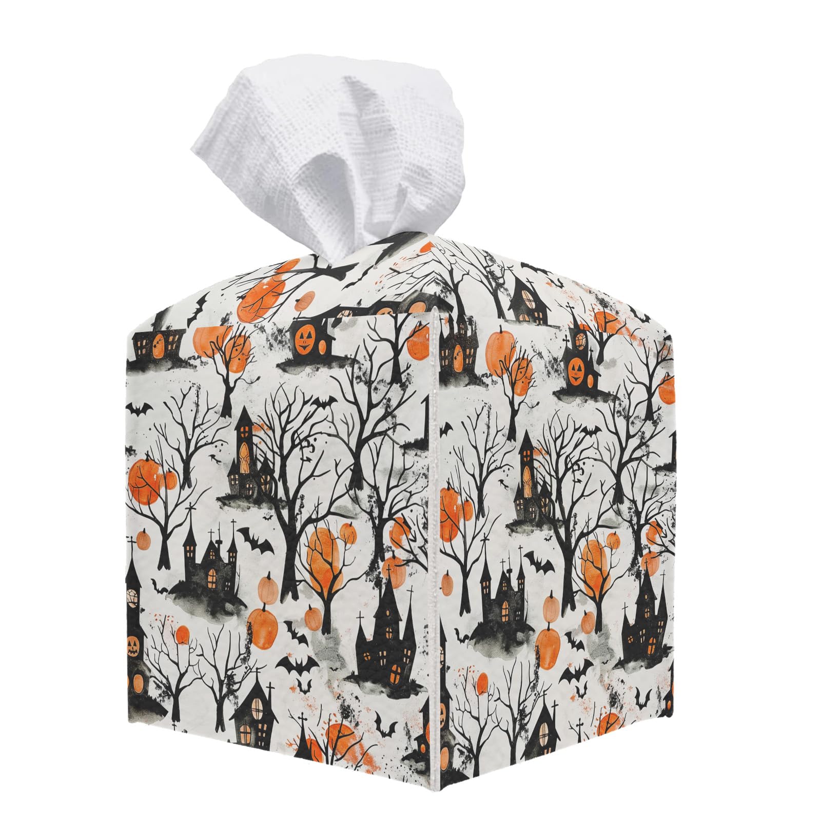 Halloween nawiedzony dom skórzany pokrowiec na pudełko na chusteczki, pokrowiec na chusteczki, kwadratowy, dekoracyjny organizer na papier do twarzy, do łazienki, toaletki, domu, biura, dekoracji