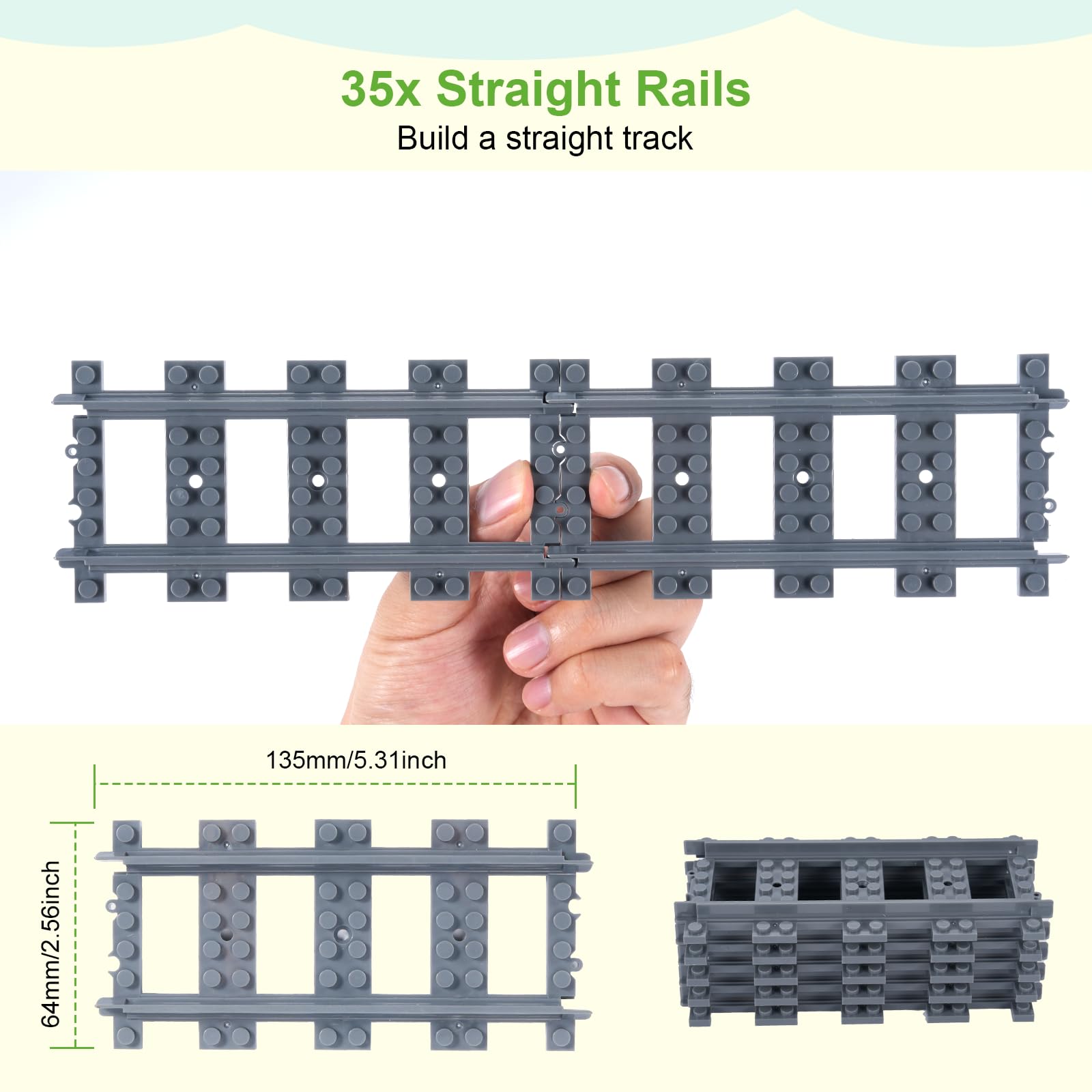 35 Stück Gerade Schienen Bausteine Set,APKLVSR City Schienen, City Zug Schienen Set,Spielzeug Eisenbahnschienen Erweiterungsset für Modellbau,Kompatibel mit dem Marktführer