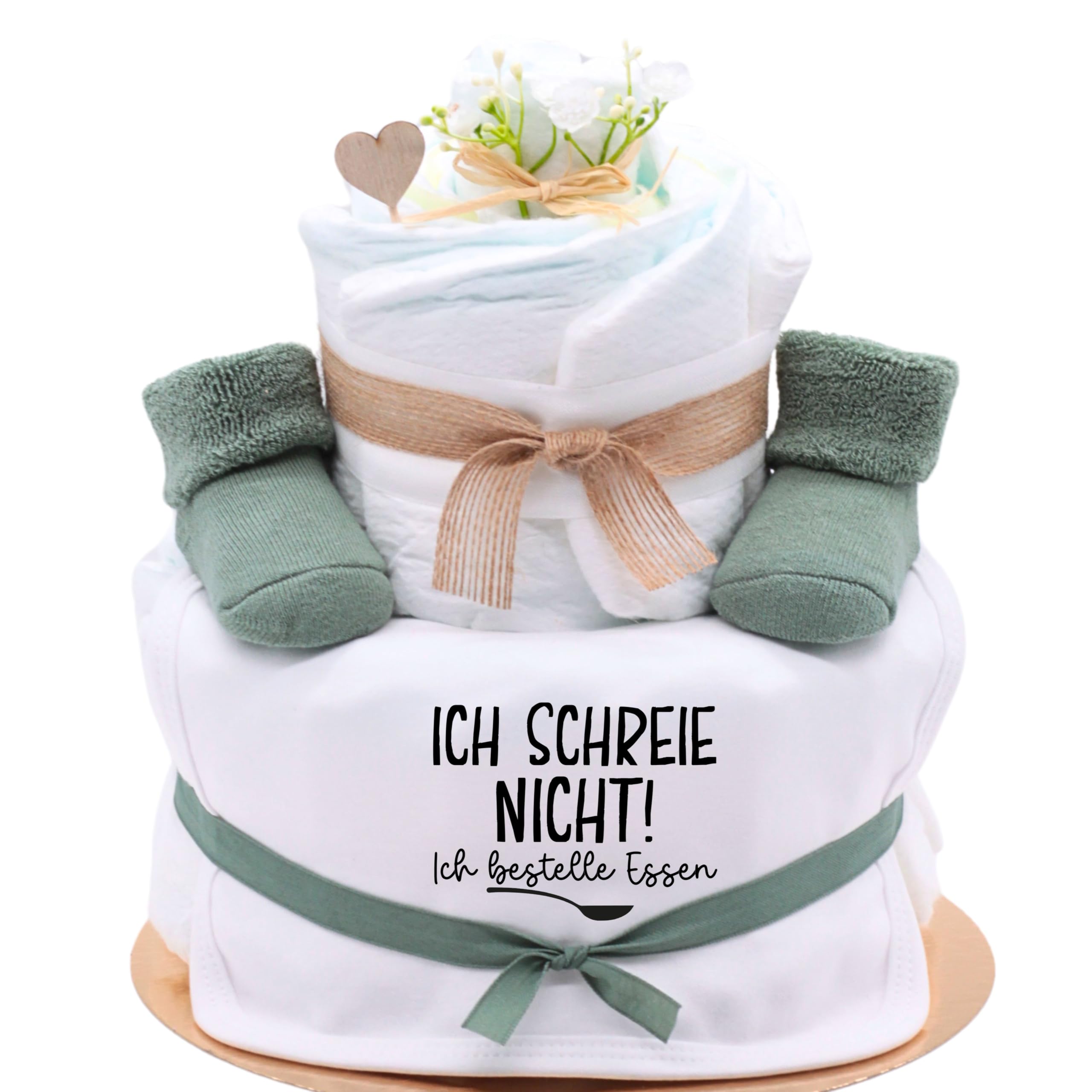 Trend Mama | Windeltorte | Nature Design green | Spruch wählbar | Lätzchen, Kuschelsocken |Geschenk Geburt (Design Ich schreie nicht, ich bestelle Essen)