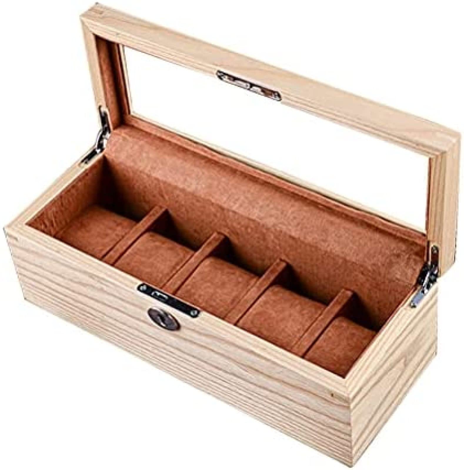 YNBSHGAA 5 Slots Wooden Watch Box for Men Women Jewellery Display Case with Glass Lid and Removable Pillow Watch Storage Organizer
