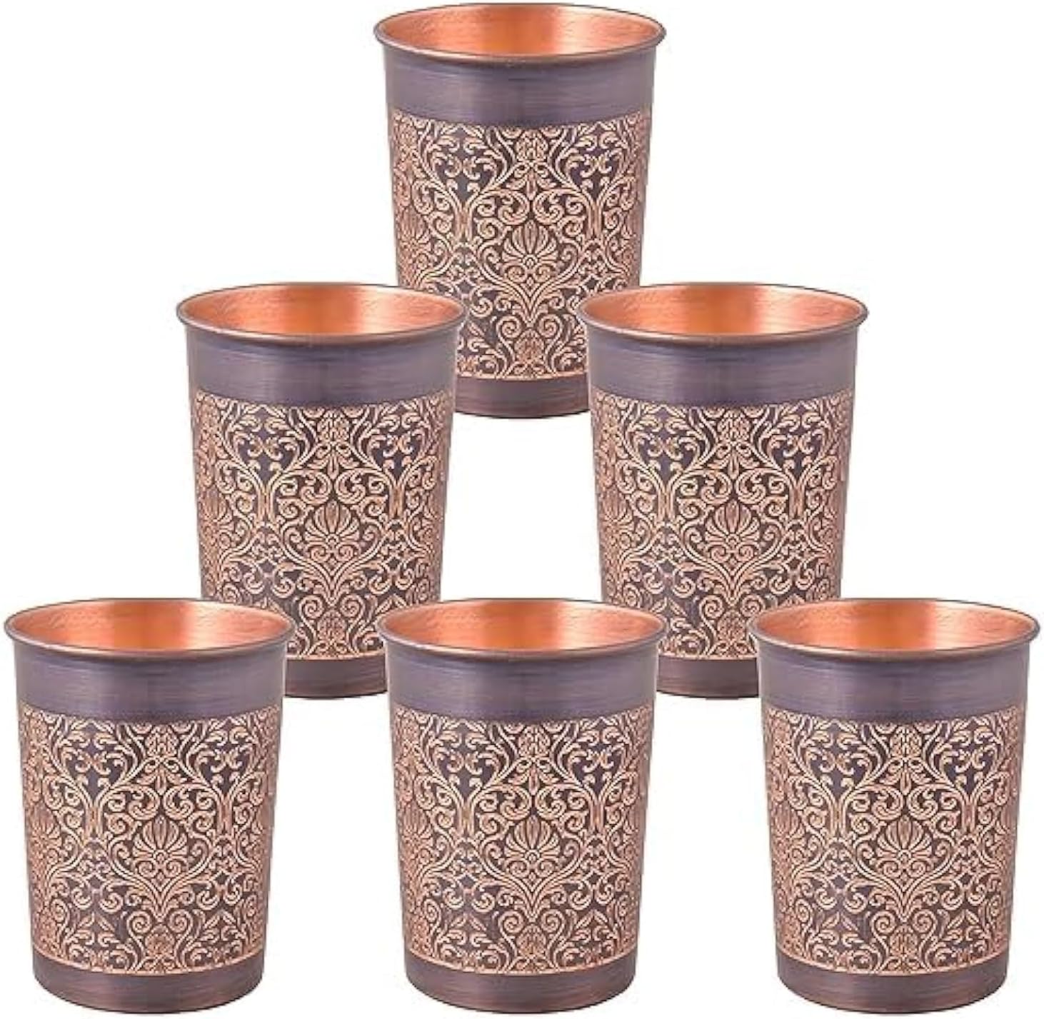 DI: Decorative India Decorative India Premium Copper Water Glass With Carving Design And Black Antique Royal Glossy Finish Specially Made For Dining Kitchen And Many More Set Of 6, 250 ML