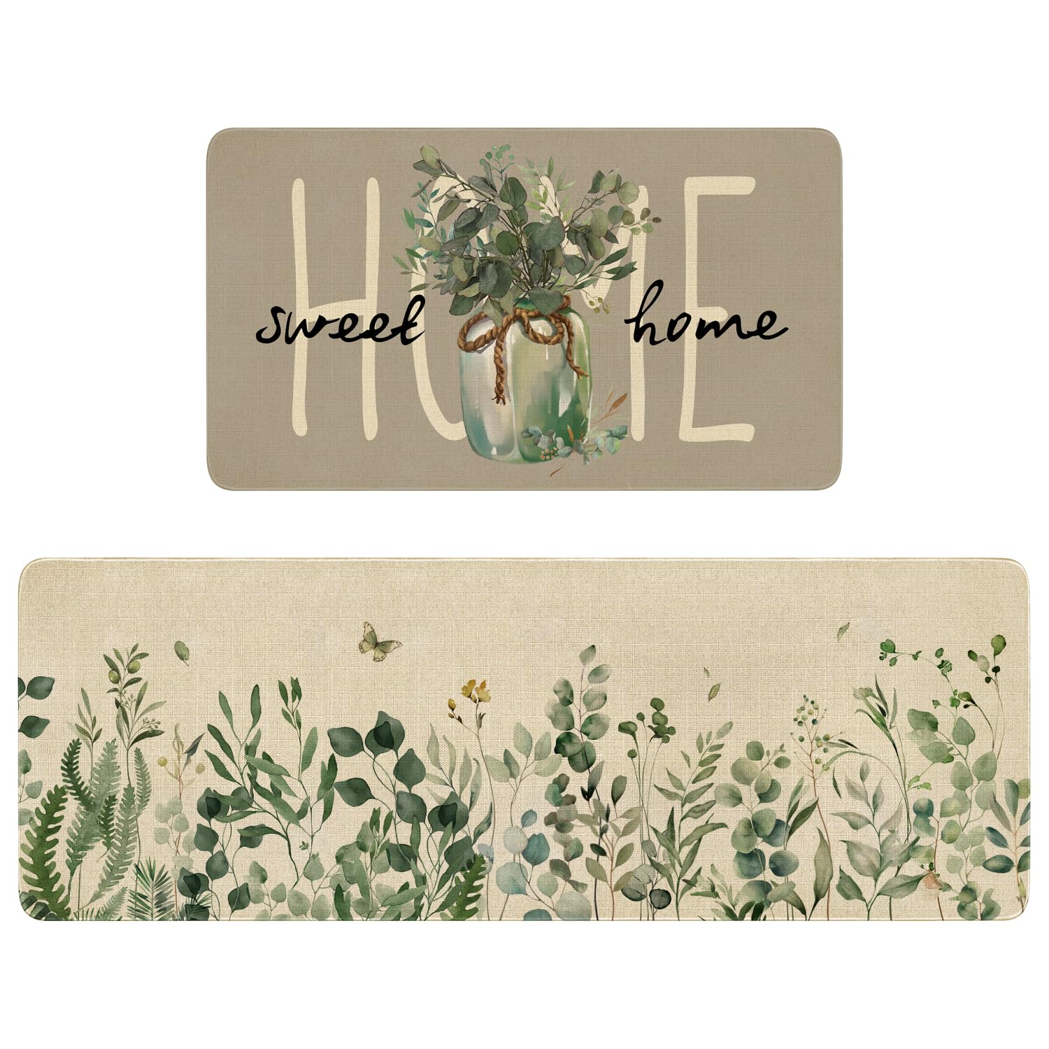 Xsinufn Kitchen Mat Set of 2, Home Sweet Home Eucalyptus Leaves, Non Slip Washable, 18"x48"+18"x30"