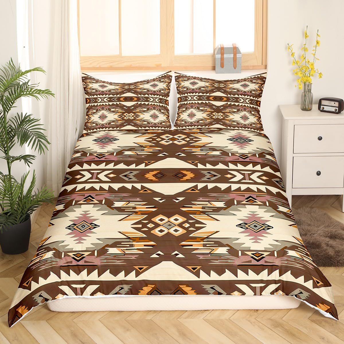 Loussiesd Brown Southwestern Bedding Set King Size Geometric Comforter Cover Set Tribal Native American Design Western Decor Duvet Cover Stripe Line Bedspread Cover Room Decor Quilt Cover — image 1