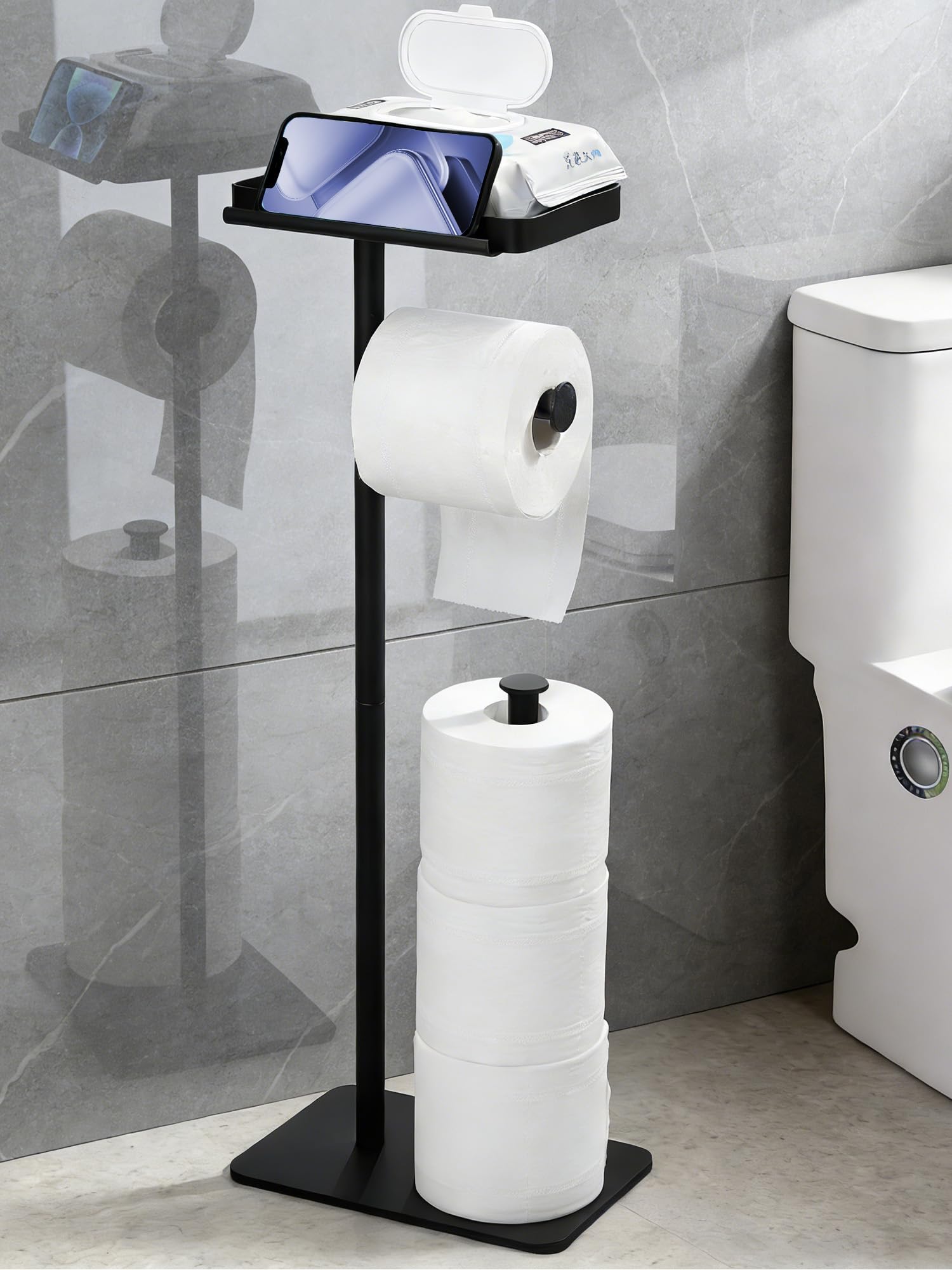 ZUNTO Freestanding Toilet Roll Holder with Shelf – No Drilling Toilet Paper Stand with Storage for 3 Spare Rolls, Wet Wipes & Phone, Anti-Slip Bathroom Paper Roll Holder, Matte Black Finish
