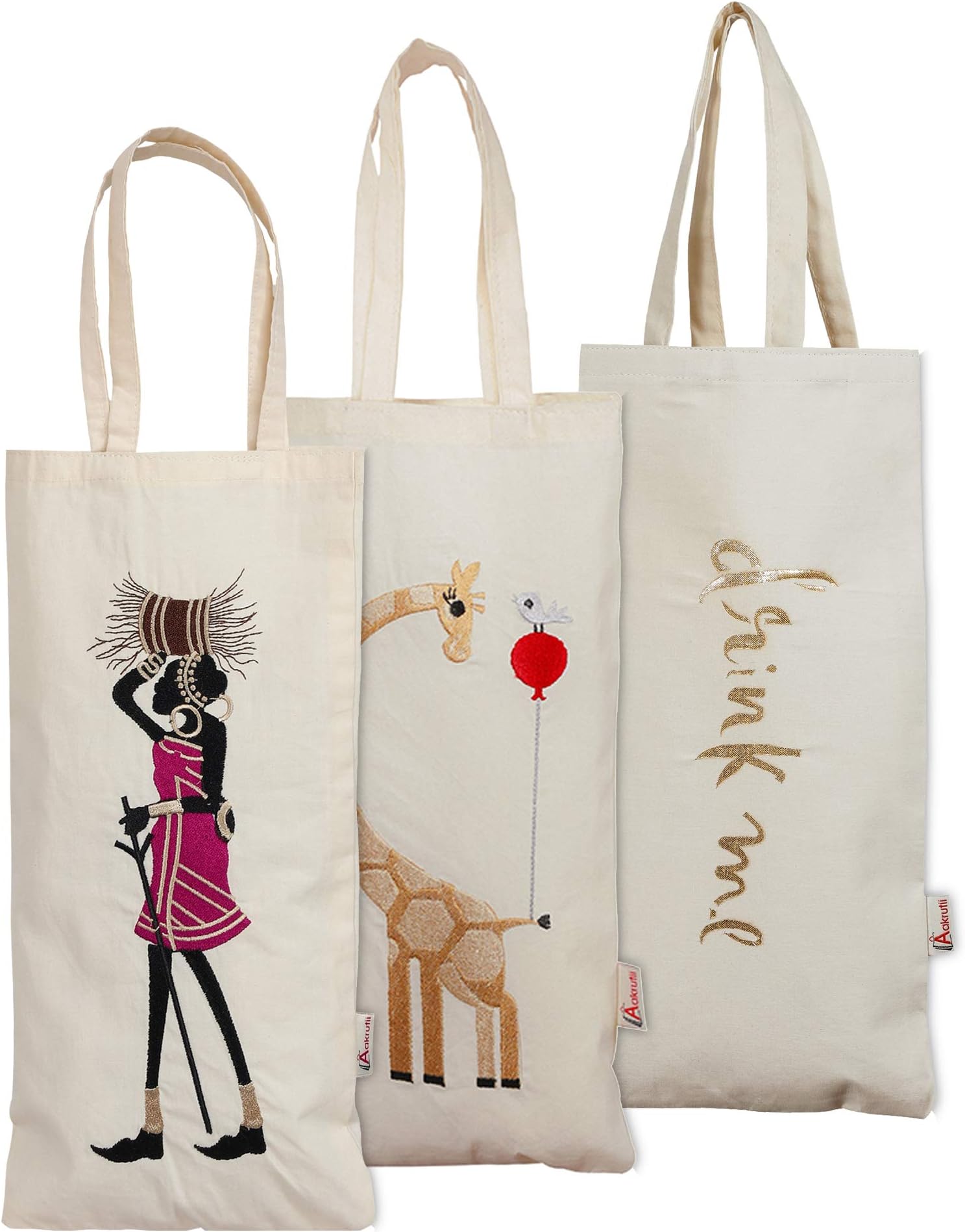 Aakrutii Reusable 100% Cotton EcoFriendly Water Bottle Carry Bags | Wine Holder Bag | Gift Bag (Cream) Pack of 3