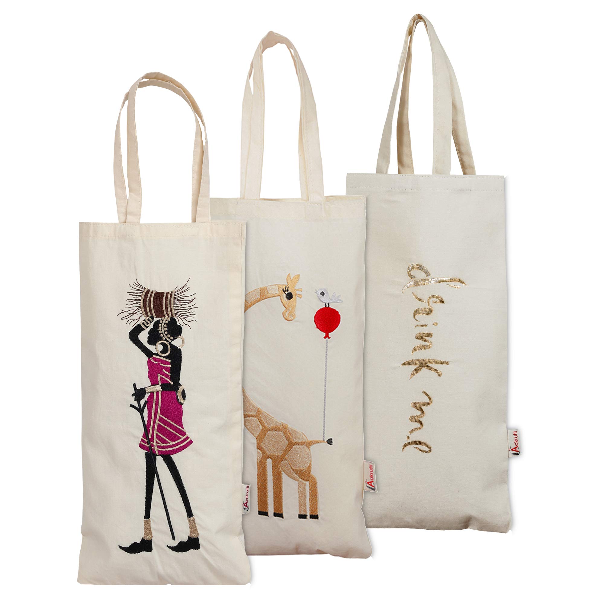 Aakrutii Reusable 100% Cotton EcoFriendly Water Bottle Carry Bags | Wine Holder Bag | Gift Bag (Cream) Pack of 3