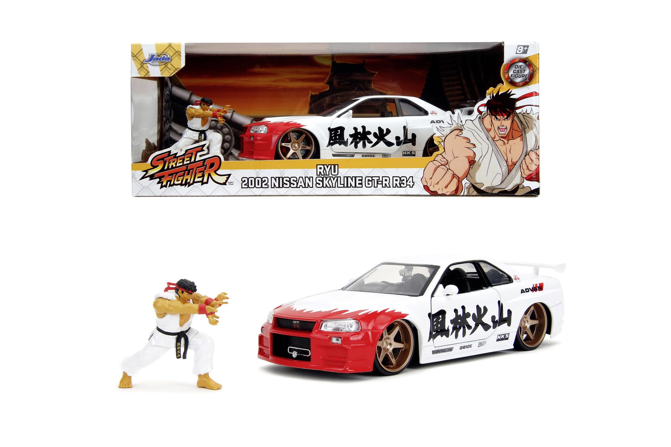JADA -Coche Nissan Skyline GT-R 2022 con Figura del carismático Personaje de Street Fighter II, Ryu de 7cm para Fans y niños Mayores de 8 años. Escala 1:24 (253255071)