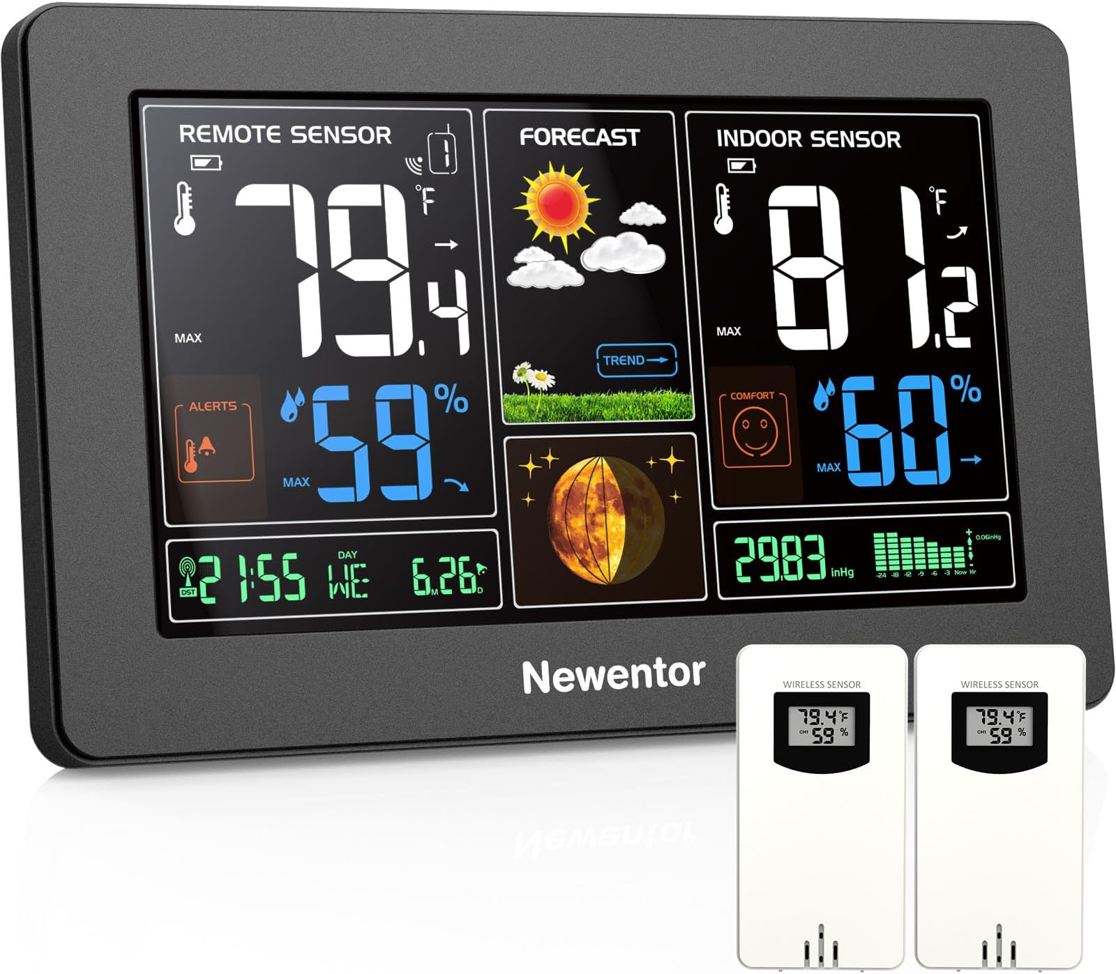 Newentor Weather Station Wireless Indoor Outdoor Thermometer, Color Display Digital Weather Thermometer with Atomic Clock, Barometric Pressure, Forecast Station with Adjustable Backlight,Black,2Sensor