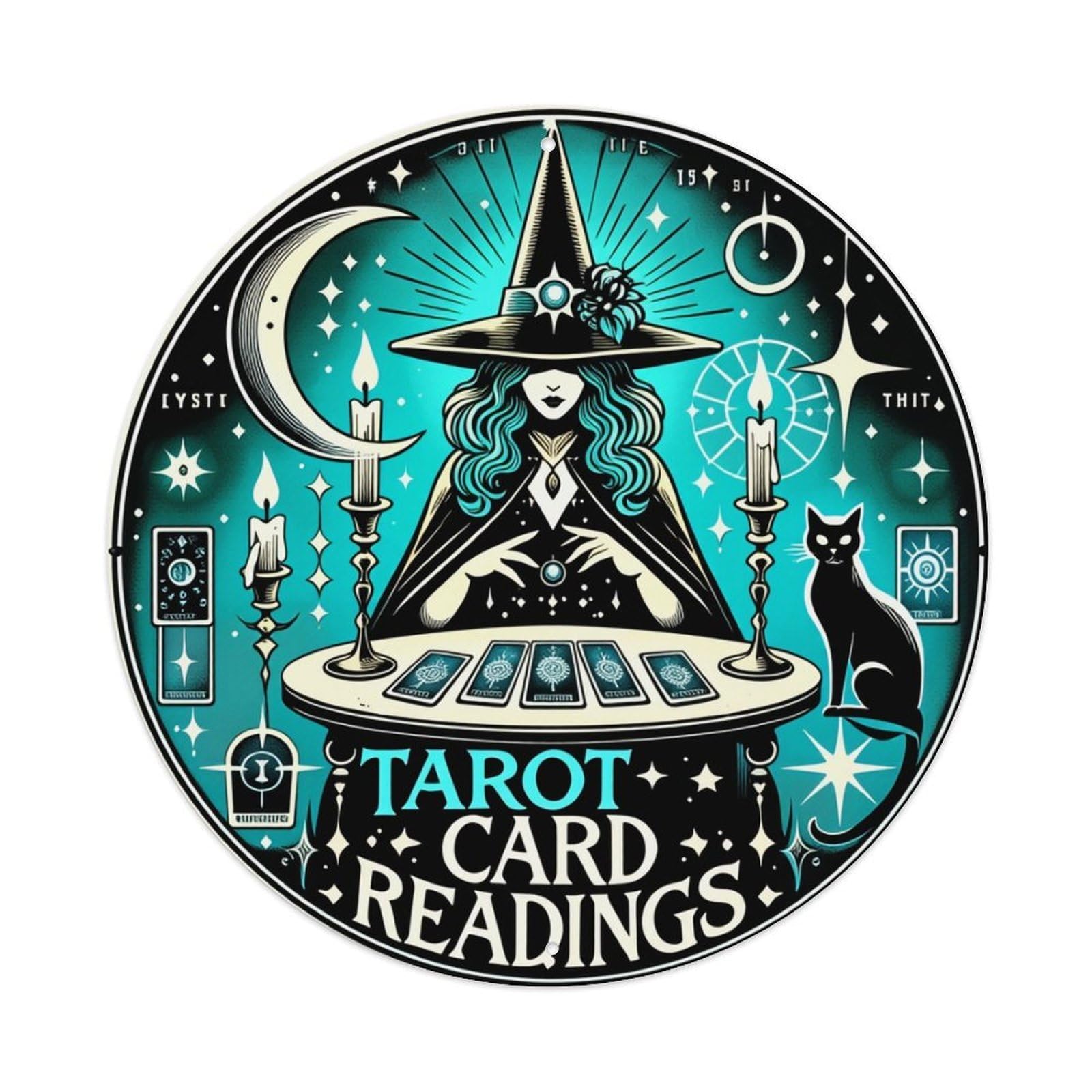 Mystic Witch Tarot Reading Cat Round Tin Sign Vintage Metal Poster, Home Bar Garage Man Cave Cafe Indoor & Outdoor Wall Decoration 8x8Inches