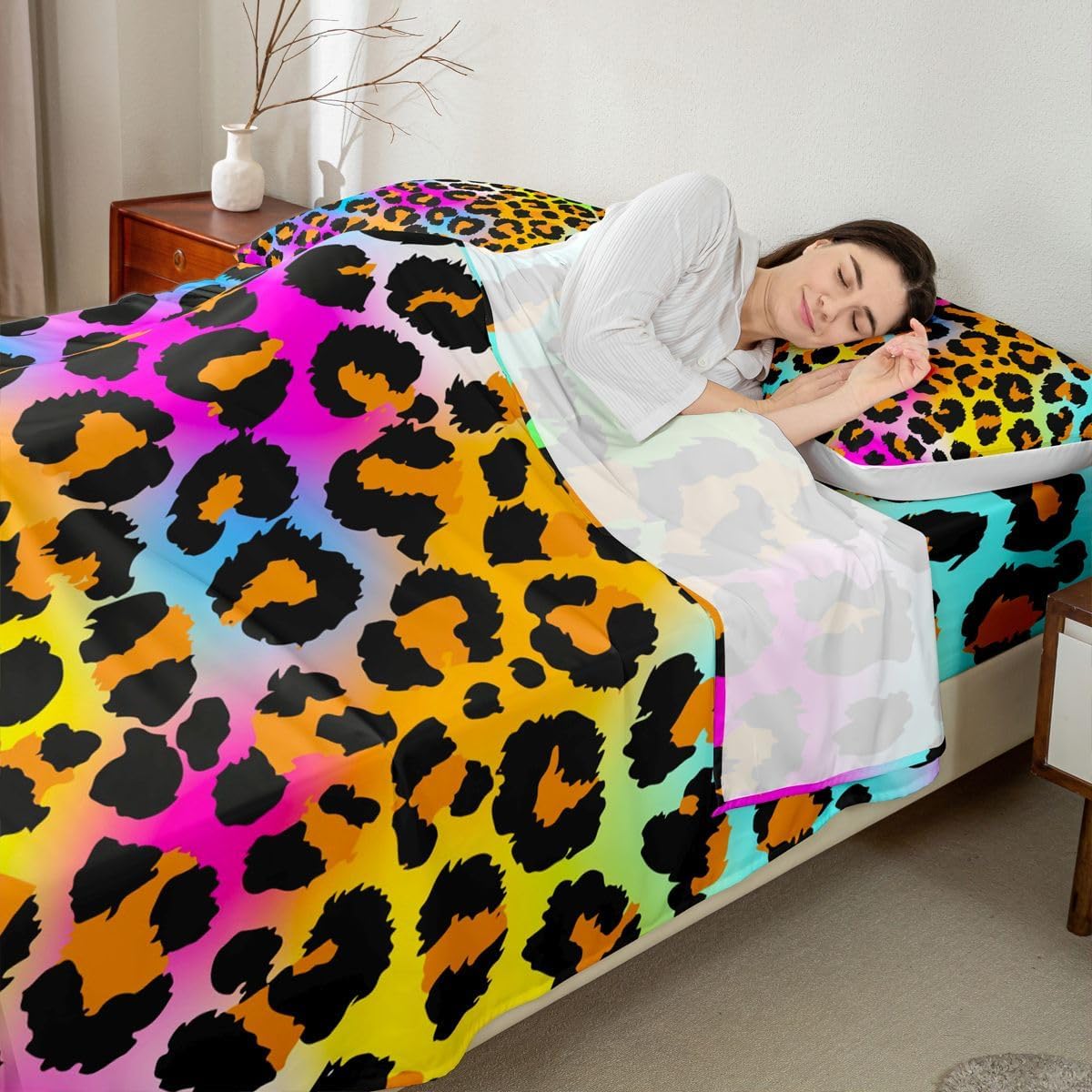 Leopard Print Bed Sheet Set for Girls Kids Women Neon Rainbow Leopard Fur Bedding Set Mottled Exotic Panthera Skin Fitted Sheet Room Decor Colorful Camouflage Safari Theme Bed Cover Queen Size 4Pcs