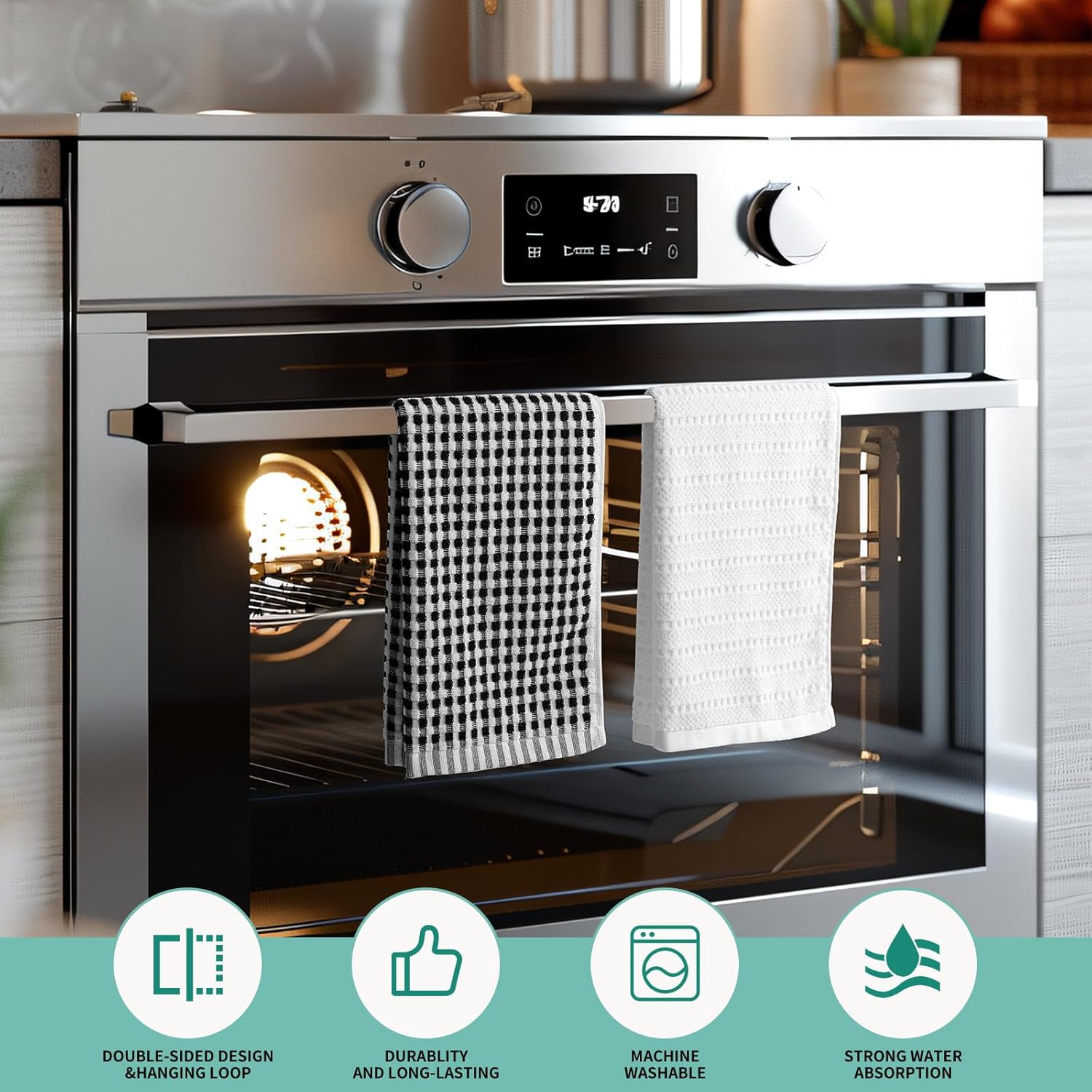 SALAS Kitchen Dish Towels, Bulk Cotton Kitchen Hand Towels, 390 GMS Plaid Dish Cloths Rags for Drying Dishes with Hanging Loop, 16‘’ x 26‘’, 3 Packs, White - Image 4