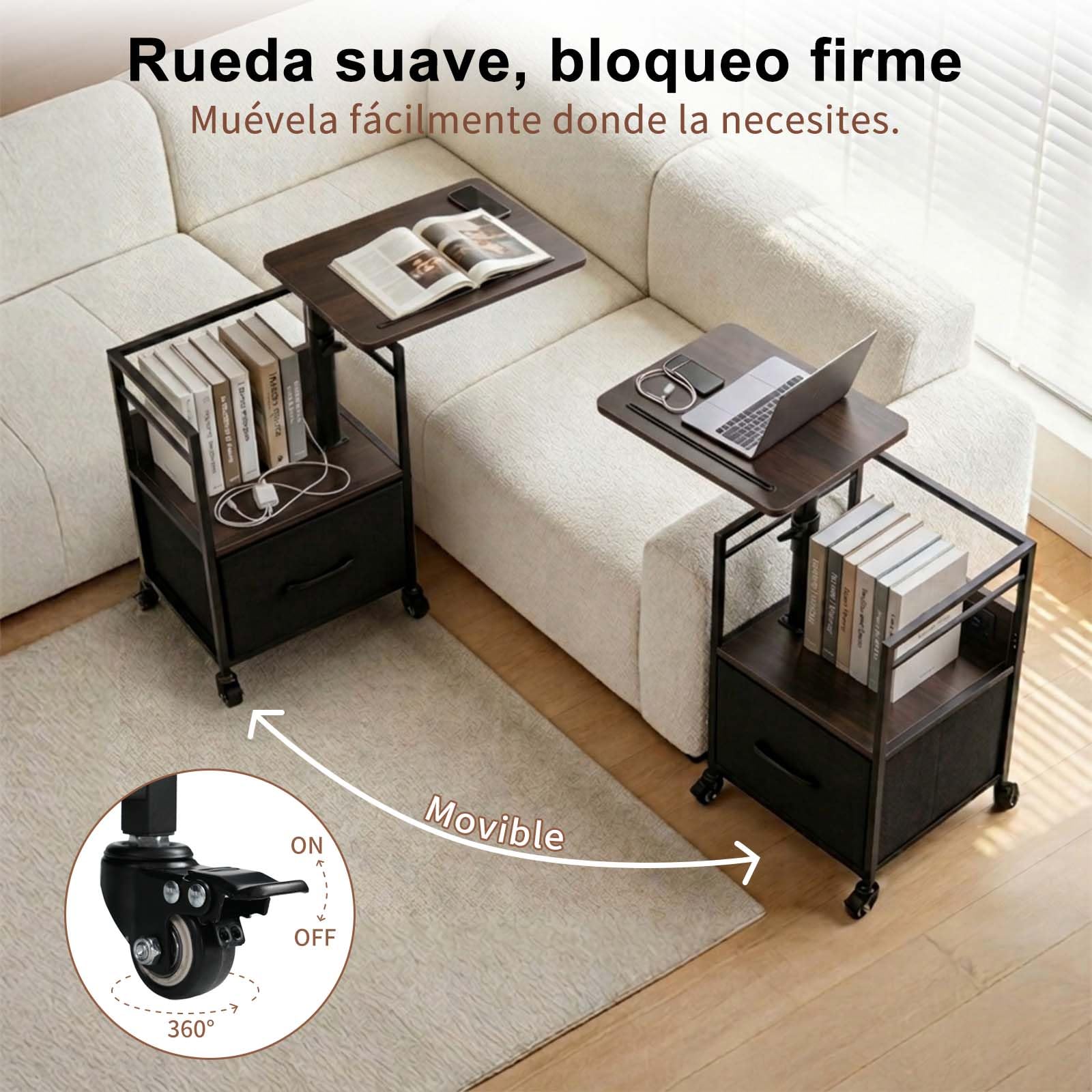 Mesita de Noche con Enchufe y USB, Mesa Auxiliar con Ruedas y Freno, giratoria 360° y Altura Ajustable, Gran almacenaje con cajón, Acabado Negro Nogal, Poste Reforzado, salón y Dormitorio