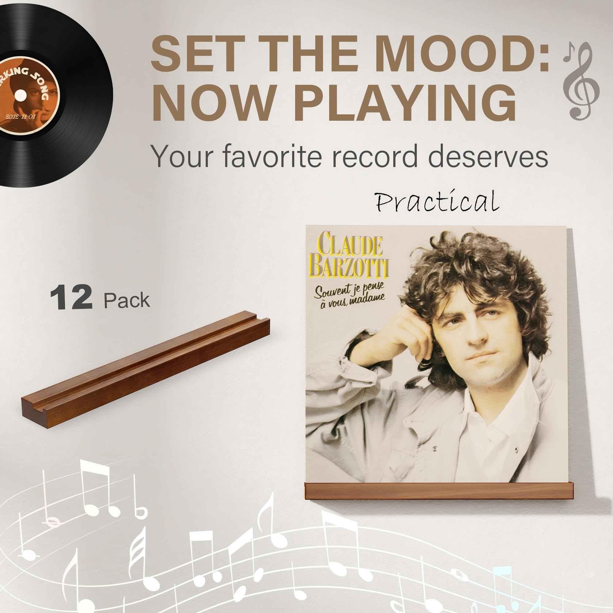 12 Stück Schallplatten Wandhalterung, Holz Vinyl Halter, Schallplatten Regal Halter Wand, Vinyl Wandhalterung, Zur Platzierung Von Schallplatten, CD, Fotoalben Und Sammlungen(Nussbraun)