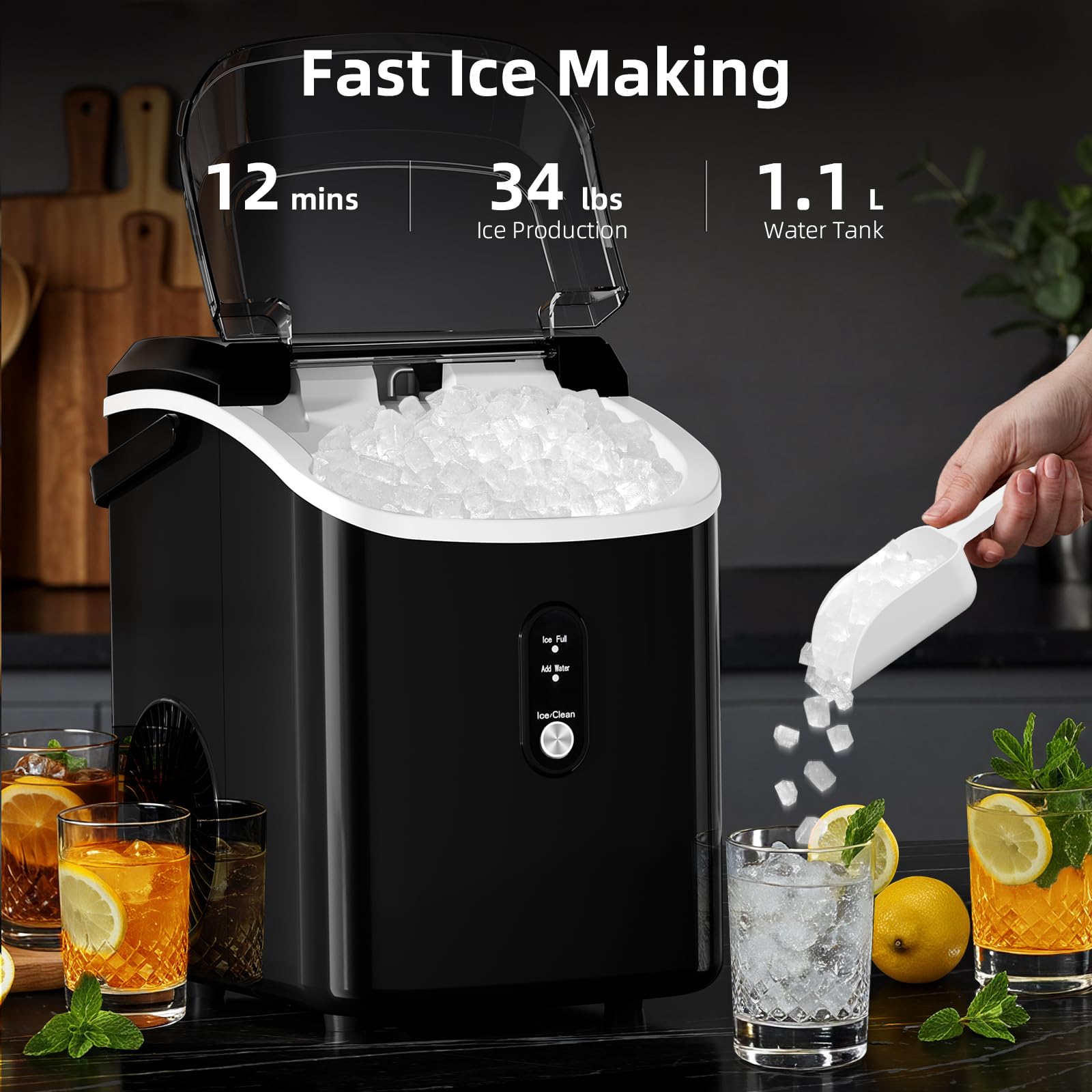 Nugget Countertop Ice Maker With Soft Chewable Pellet Ice, Automatic 34lbs/24h,Pebble Portable Ice Machine With Ice Scoop, Self-Cleaning, One-Click Operation, For Kitchen,Office, Bar(Highlight Black) on Fridge.com - View 2