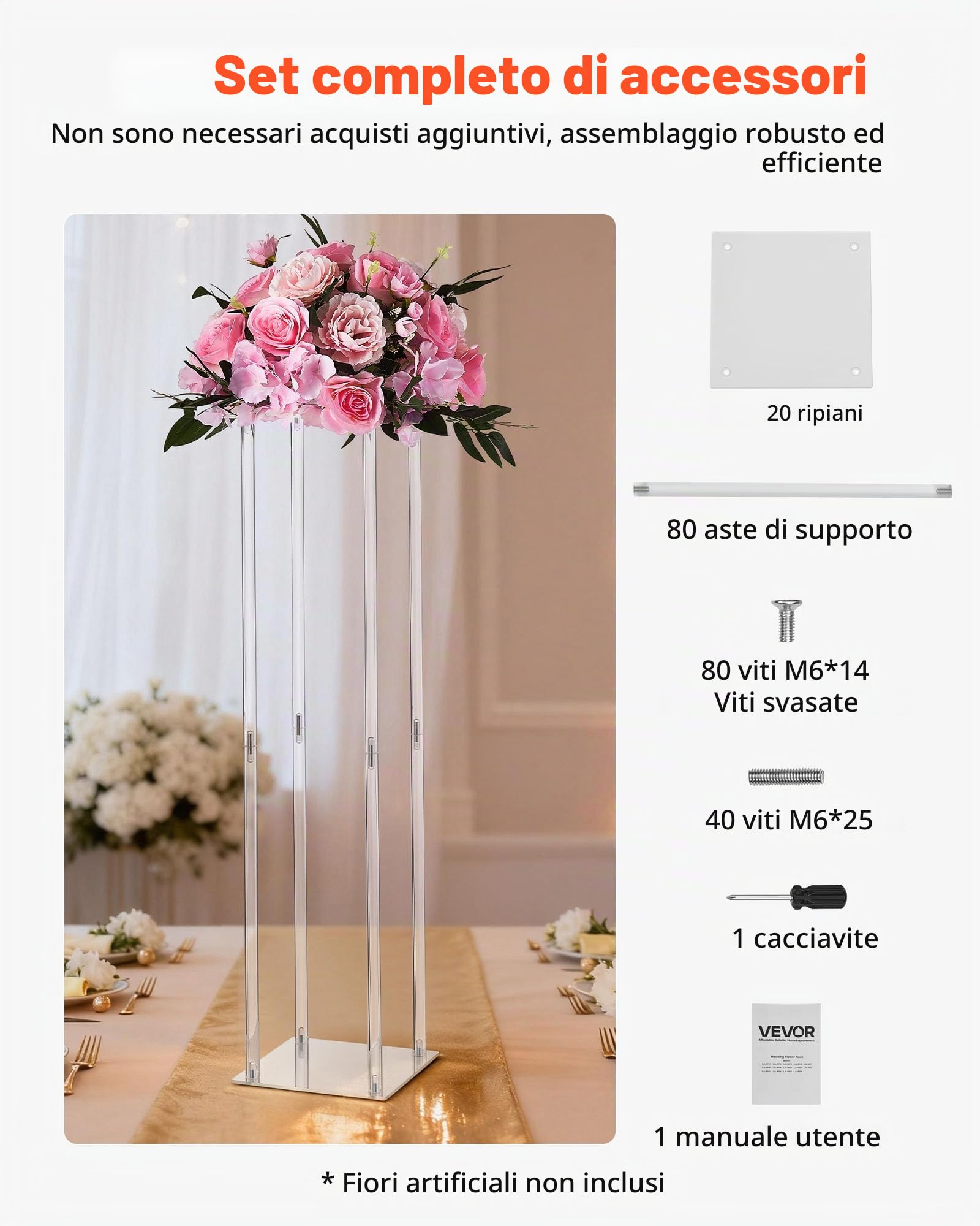 VEVOR Portafiori da Matrimonio 10 Pezzi da 80 cm, Portafiori a Colonna con Laminato Acrilico, Espositore Floreale Cubico Cilindrico per Matrimoni, Feste, Compleanni, Casa, Centrotavola Dorati