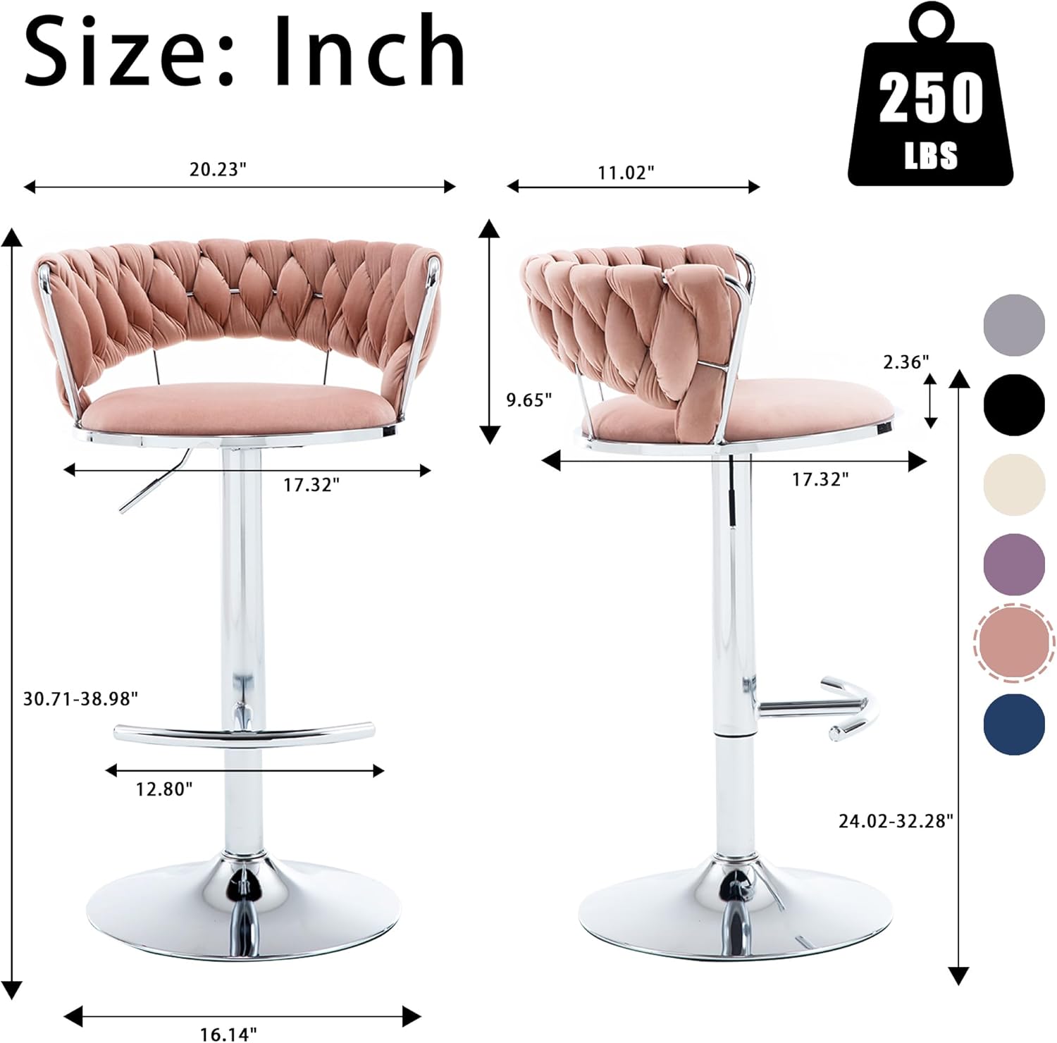 Barstool Set of 2, Velvet Bar Stools with Back, Adjustable Bar Stool Chairs, 360° Swivel Counter Height Barstools (Pink - Chrome Base)