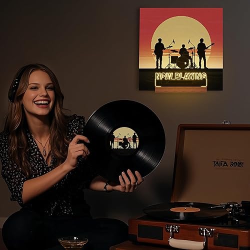 Miniatura 4 de Now Playing - Soporte para discos de vinilo, decoración de exhibición, base de madera LED con luces blancas cálidas suaves, regalos de