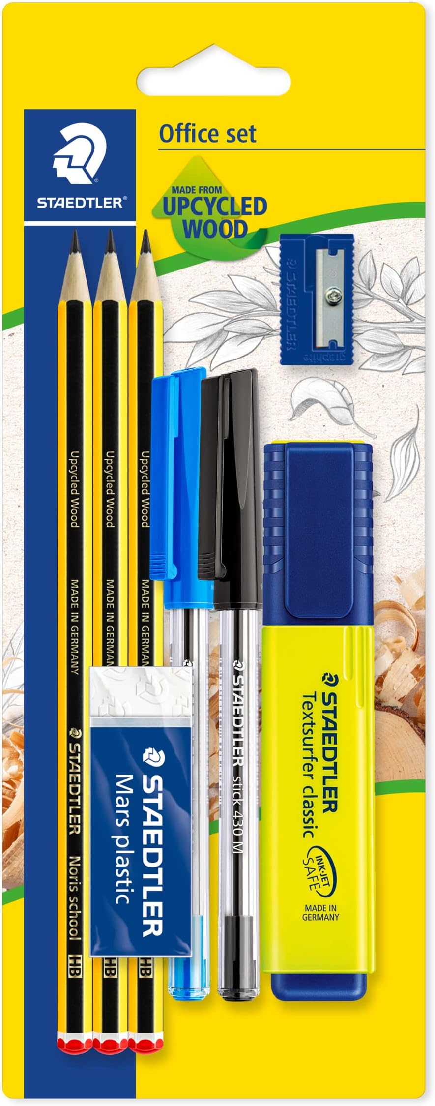 STAEDTLER 60 BK-4 Noris Office Set - Assorted Stationery Pack with 3 Graphite Pencils, 2 Pens, Highlighter, Eraser & Sharpener