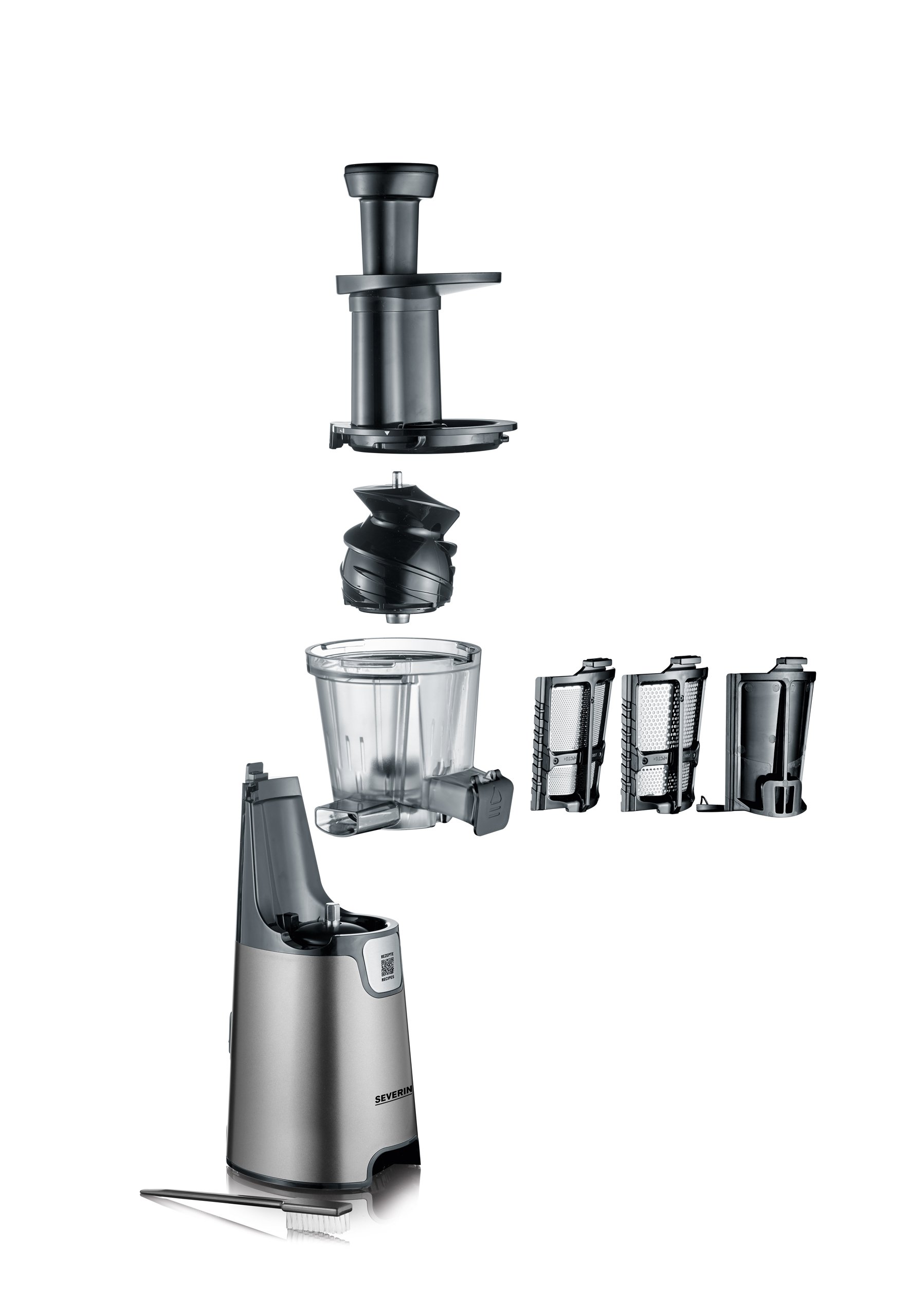 SEVERIN Slow Juicer, Estrattore di Succo, 150W, 1 Litro, 45 rpm, Senza Lame, Inserto Sorbetti, 2 Setacci, Funzione Inversa, Antigoccia, BPA Free, 22,0 x 26,0 x 42,0 cm, Acciaio - ES 3571