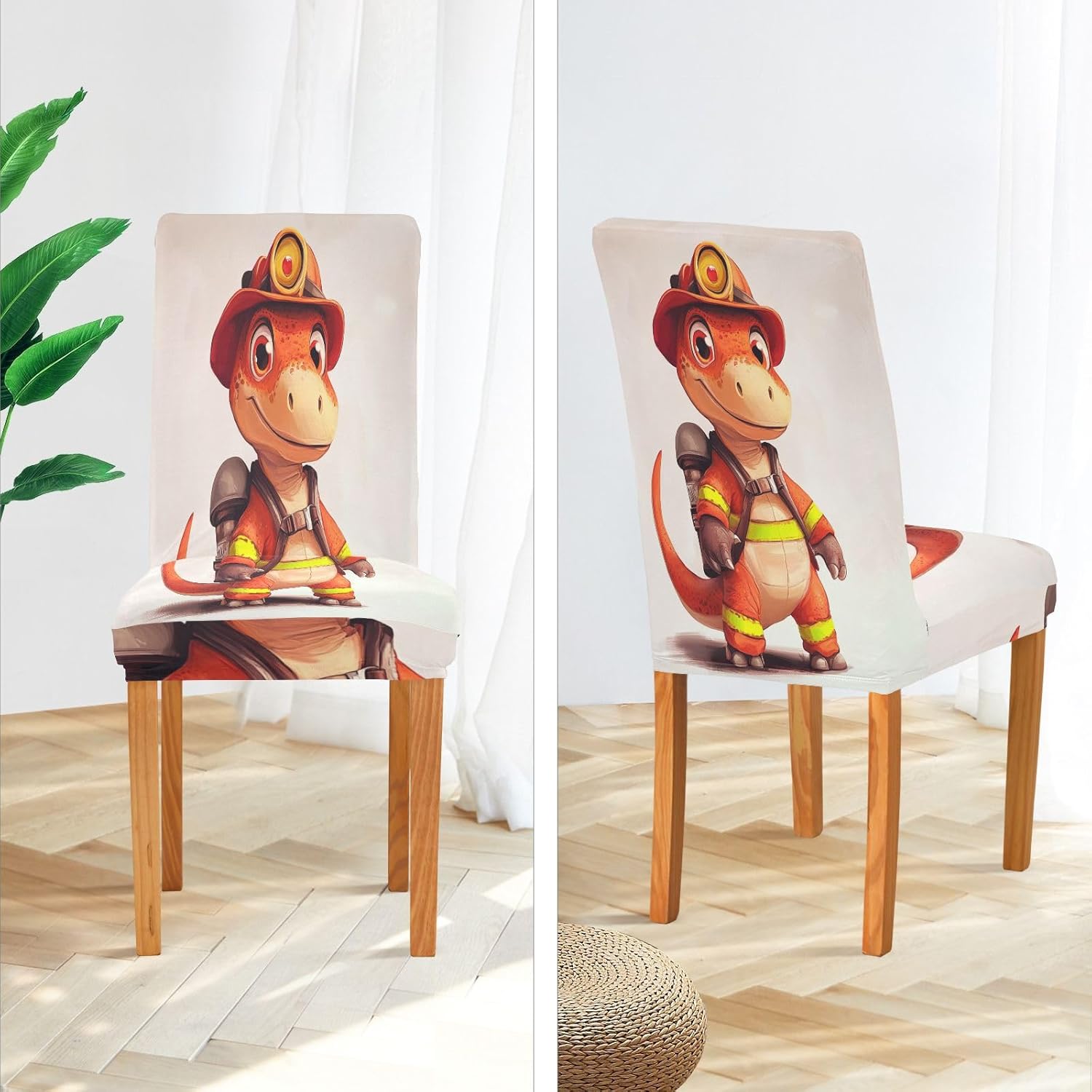 ALAZA Chair Covers for Dining Room, Fire Fighter Dinosaur Stretch Chair Cover Sets Chair Protector Removable Washable for Ktichen Restaurant Hotel