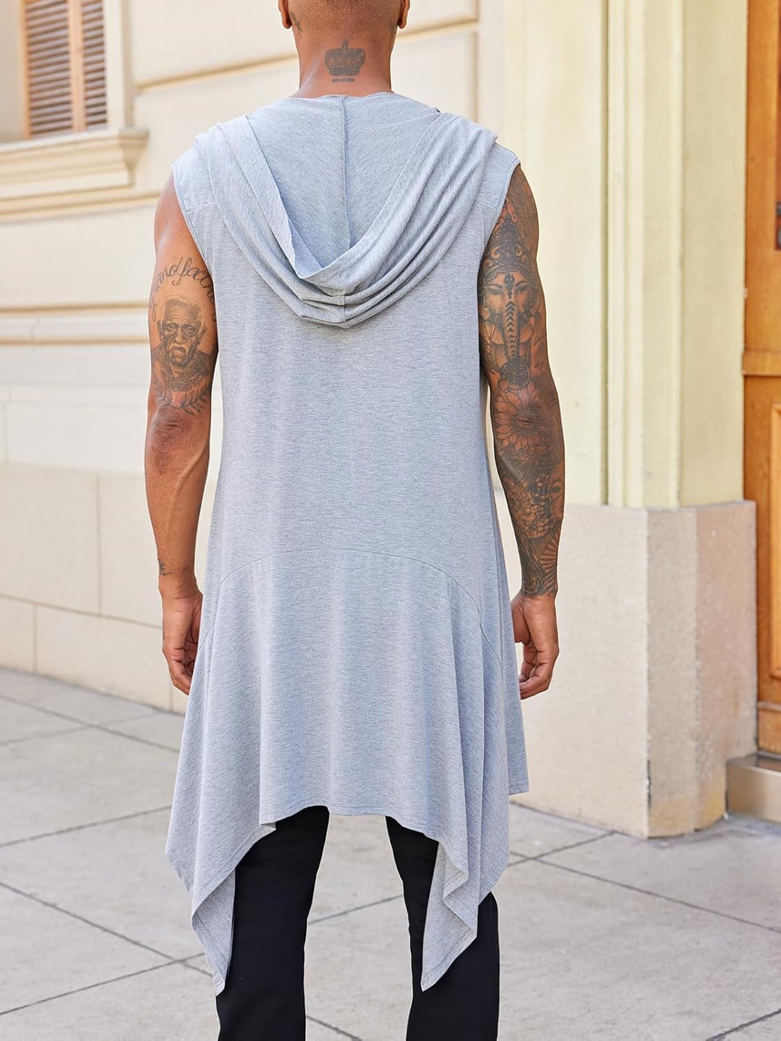 Runcati Mens Hooded Cardigan Sleeveless Ruffle Shawl Collar Open Front Knit Drape Robe - Image 5