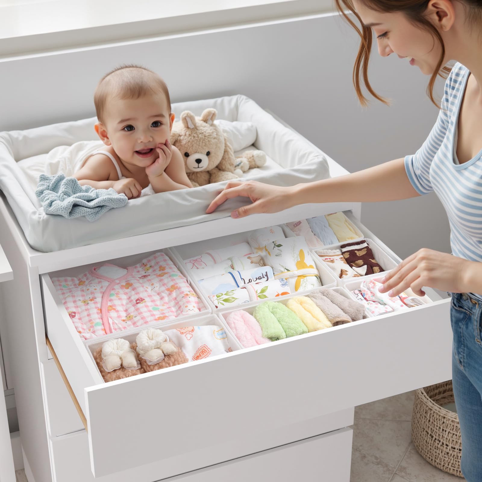 Organizador Cajón 14 piezas - Compatible con Cajonera Malm, Cajas de Almacenamiento Plegables de Tela, Separadores para Prenda, Ropa Interior, Calcetines y Bebé - Blanco