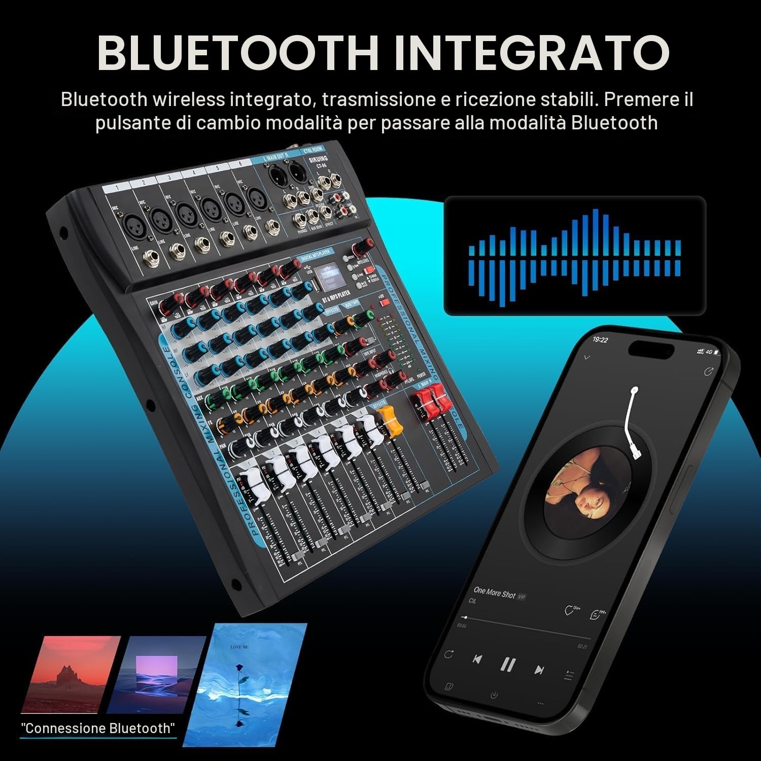 Audio Mixer Professionale a 6 Canali per Streaming Con Effetto 16 DSP, Interfaccia USB e Phantom Power da 48 V - Stereo DJ per PC Recording/DJ Palcoscenico