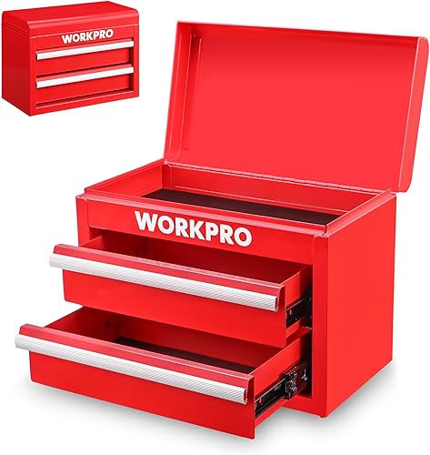 WORKPRO Mini caja de herramientas de metal, caja de herramientas superior que contiene dos cajones con deslizadores de rodamientos de bolas, forros
