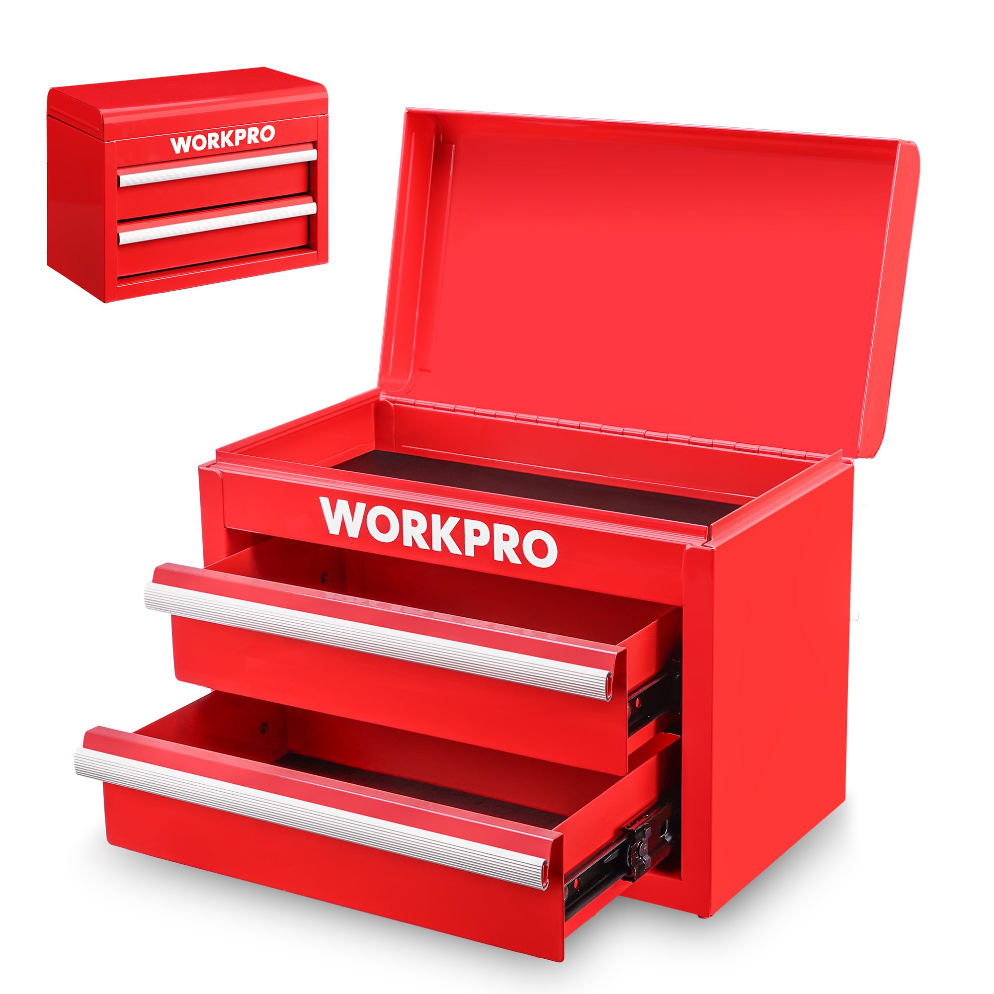 WORKPRO Metal Mini Tool Box, Top Tool Chest containing Two Drawers with Ball Bearing Slides, PVC Drawer Liners and PP Feet Pads, Durable Cold Rolled