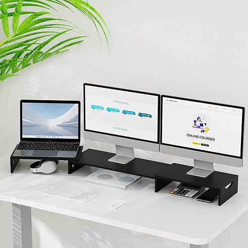 Miniatura 9 de Elevador de monitor triple, elevador de monitor extra largo para 1 2 3 monitores, soporte de monitor doble con longitud y ángulo ajustable,