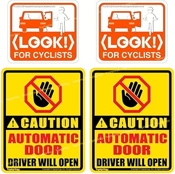 Combo Sticker Pack Look for Cyclists Transparent Weatherproof Clear Stickers + Caution Automatic Door Do Not Touch Pull Open Warning Sign Waterproof Vinyl Decals CAD2L2-B
