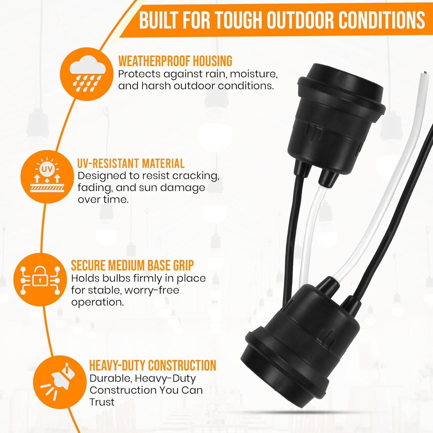 Harrier Hardware Weatherproof 8 Pack, E26 Pigtail Lamp Sockets, Medium Base, Black, 660W Max