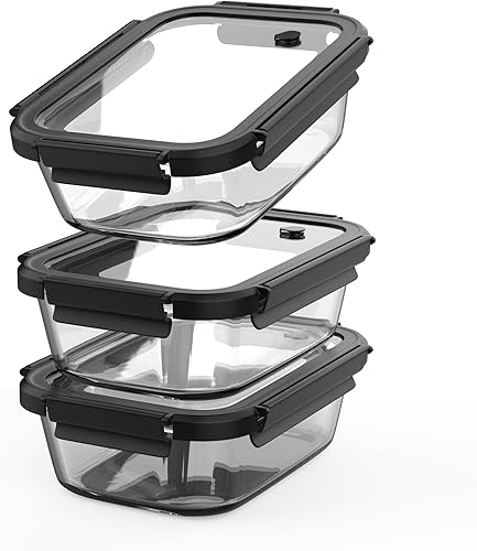 BYLWORKOUT - Recipientes de vidrio para preparación de comidas, paquete de 3 recipientes de almacenamiento de alimentos de borosilicato con tapas