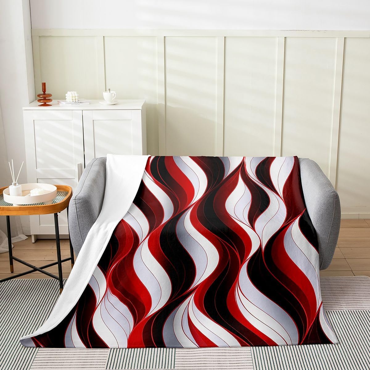 Feelyou Red White Black Stripes Flannel Fleece Throw Blanket,Geometric Bed Blanket Geometric Fuzzy Blanket for Bed Sofa Couch,Bedroom Decor Modern Striped Art Plush Blanket Throw 50"x60"