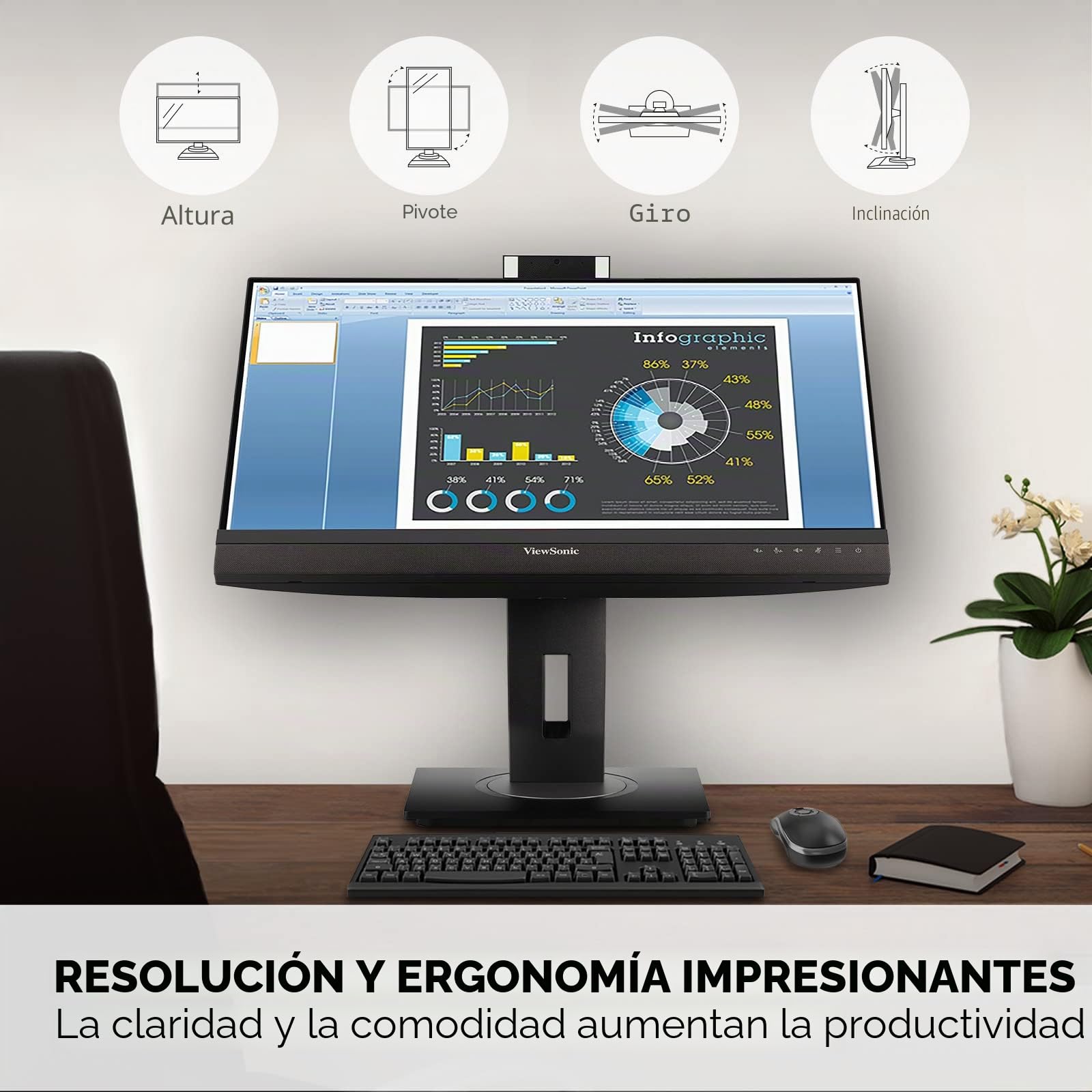 ViewSonic VG2756V-2K Monitor de videoconferencia de 27 Pulgadas 1440p con cámara Web, alimentación de 2 vías USB C de 90 W, Acoplamiento Gigabit Ethernet RJ45 Integrado, ergonómico de inclinación de