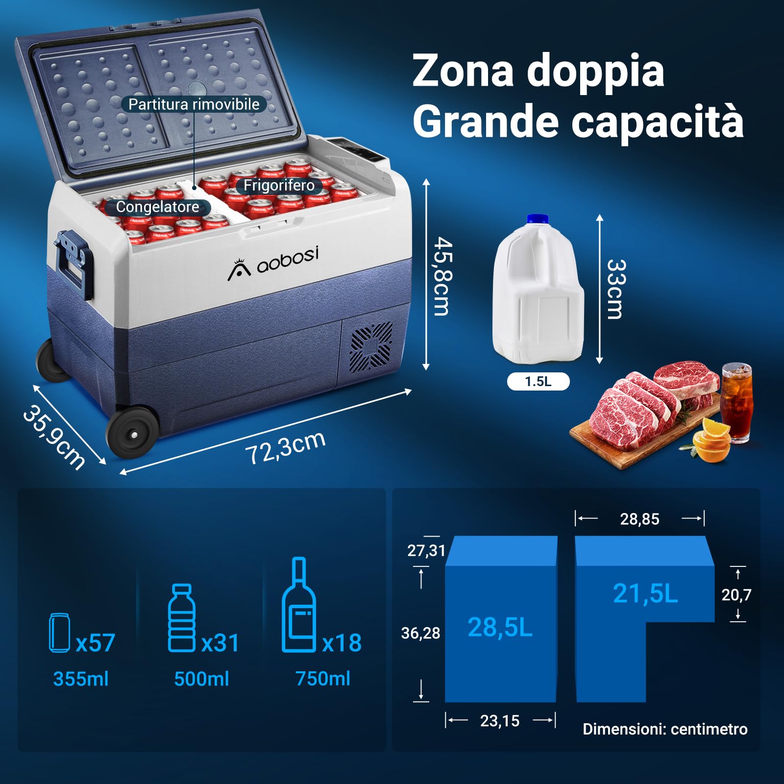 AAOBOSI Frigo Portatile 50 L, Frigo Per Auto Doppia Zona, Frigorifero da Viaggio con WiFi, -20 ℃ a 20 ℃, 12/24 V DC e 100/240 V AC,Per Auto, Camion, Camper, Barca e Presa Di Corrente