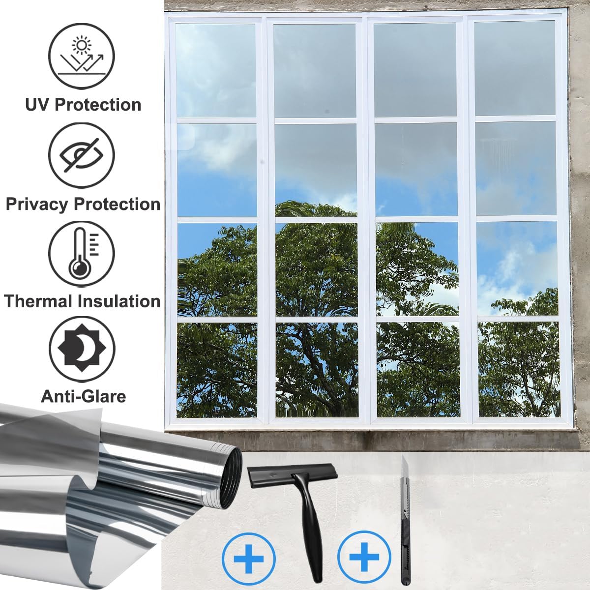 Vinilo Espejo Unidireccional para Ventana Lámina Protector Solar Privacidad | Lámina Resistente Al 99% De Los Rayos UV, Para Hogares Y Oficinas, Fácil De Instalar(Black-silver,120x200cm)