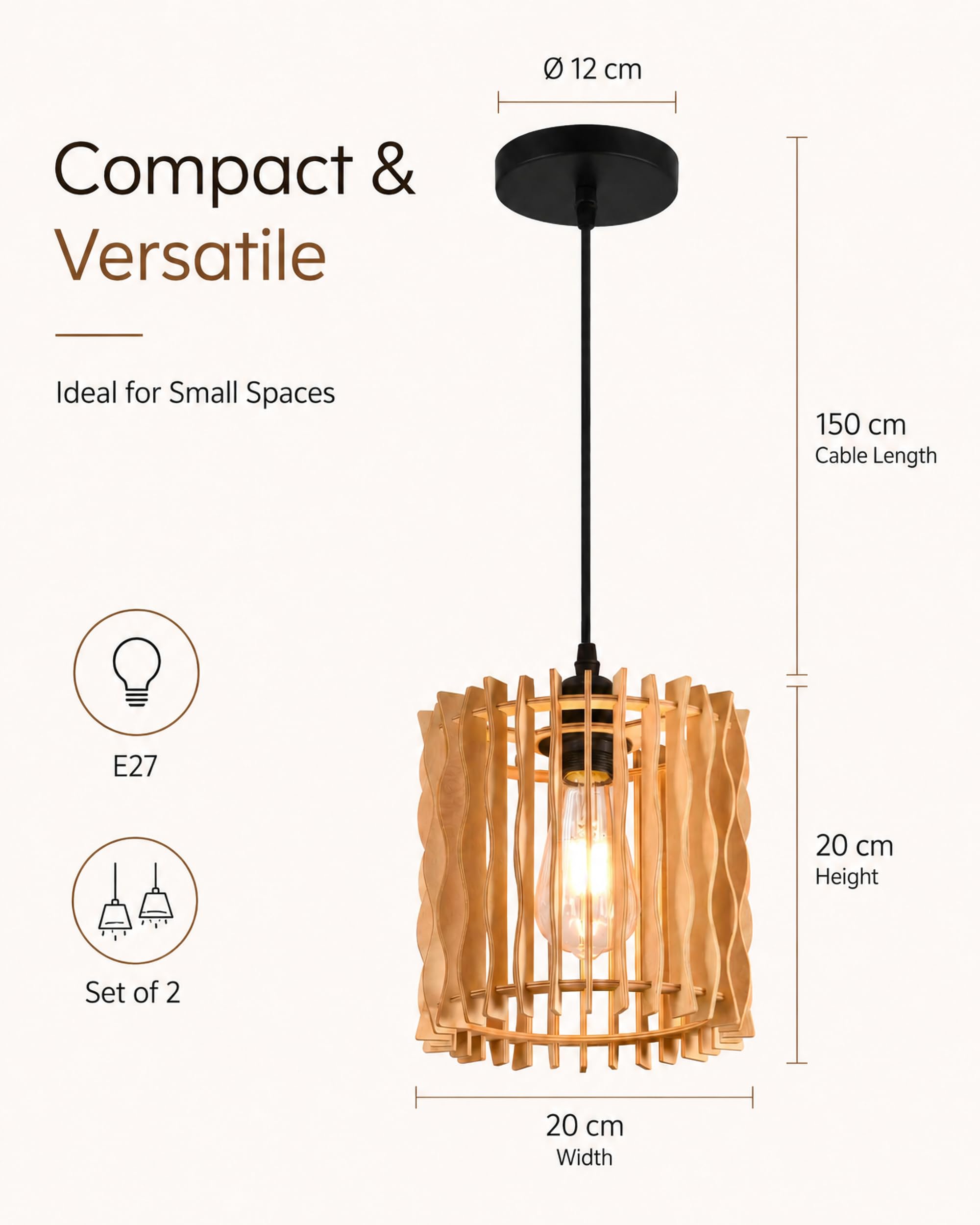ACMHNC Zestaw 2 Drewnianych Lamp Wiszących, 20 cm Lampa Sufitowa Boho E27 z Regulowanym Kablem 1,5 m, do Jadalni, nad Wyspę Kuchenną, do Sypialni, Korytarza i Kawiarni, 3000k