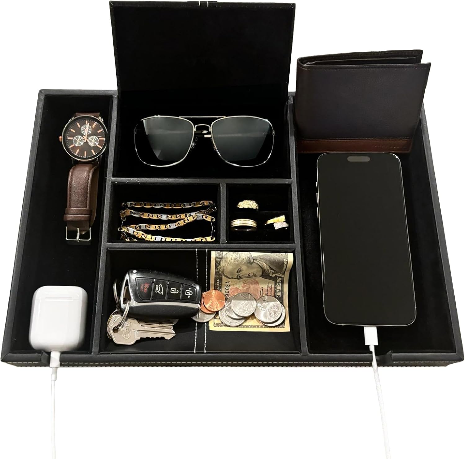 Mens Valet Tray Organizer - Faux Leather Nightstand Trays