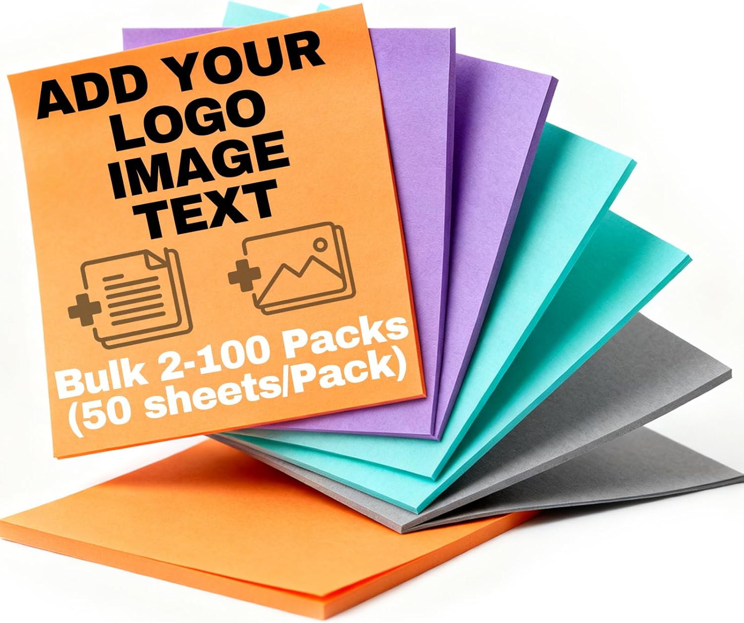 Custom Sticky Notes 3" x 3" with Text Logo 3-500 Pack 50 Sheets/Pad for Office, School, Business Marketing Stationery Note (100)