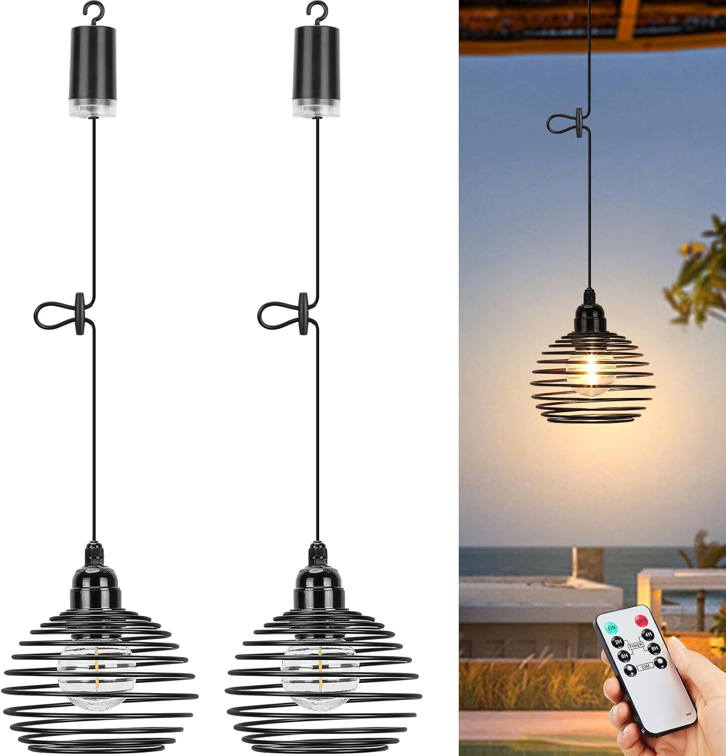 Lightess Outdoor Chandelier for Gazebo Lights Battery Operated, Black Battery Powered Hanging Light Pendant Waterproof for Garden, Patio, Porch