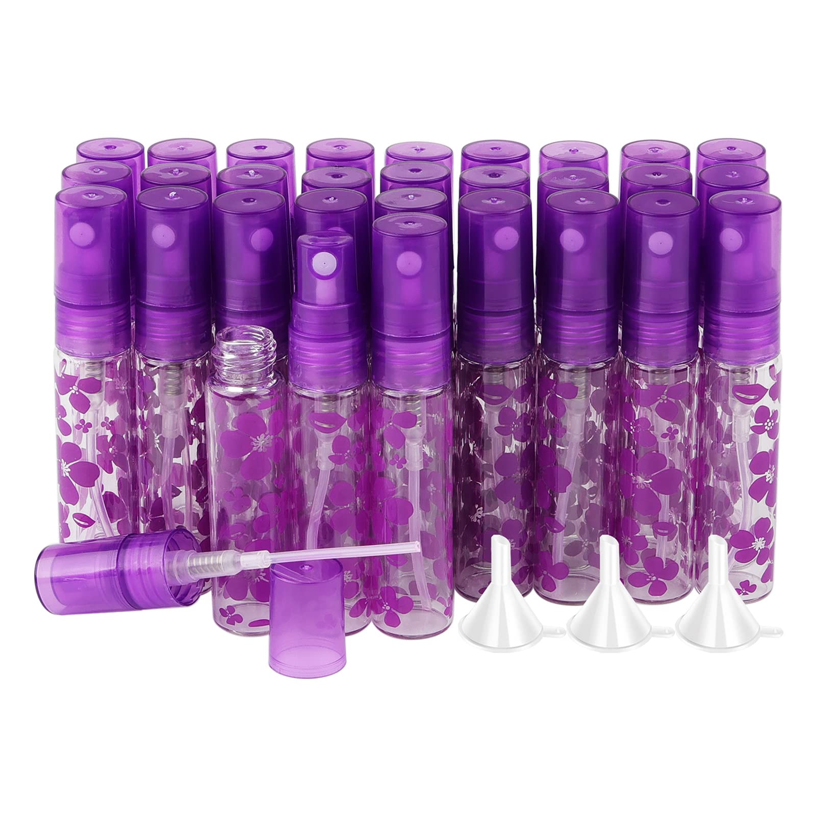 Newzoll 30Pcs Glass Spray Bottles Set, 5ml Empty Mini Sprayer Vials Refillable Fine Mist Atomizer Tubes Containers for Essential Oil Perfume, Purple