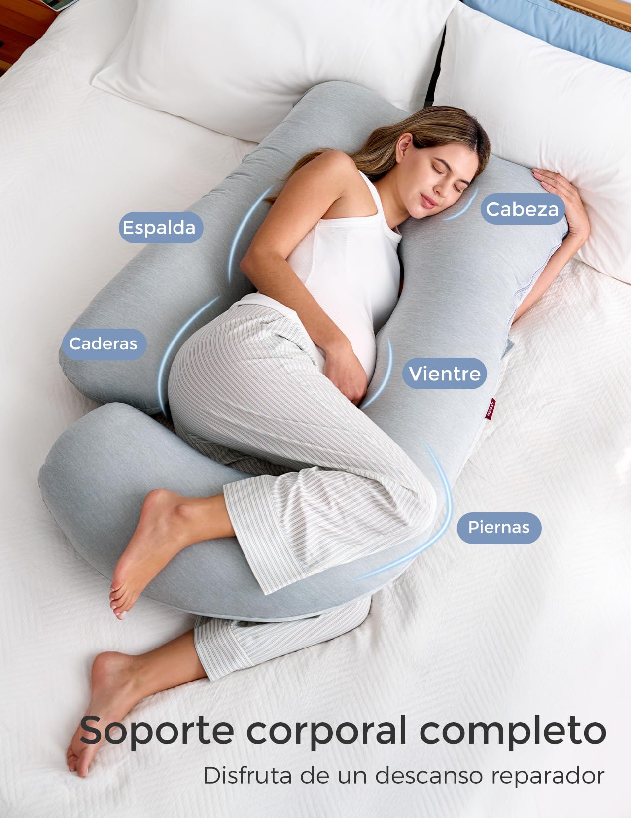 momcozy Almohada para Embarazadas con Funda Refrigerante – Cojín Embarazada en Forma de U de Cuerpo Completo, 145 cm, Apoyo para Espalda, Vientre y Piernas – Almohada Embarazo para Dormir de Lado